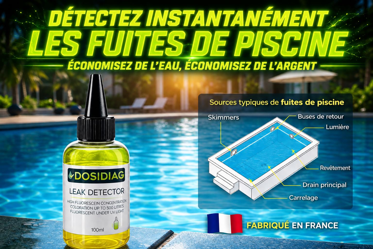 Détecteur de fuite DOSIDIAG - Fluorescéine haute concentration - Recherche fuite piscine SPA plomberie toiture voiture
