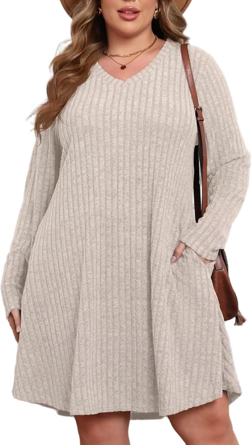 BELAROI Plus Size Sweater Dress for Women Tshirt Fall Dresses Winter V Neck Long Sleeve Pockets Casual Party Loose Fit