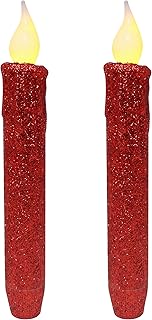 CVHOMEDECO. Glitter Flameless Candles Flickering Battery Operated LED Taper Candles with Timer for Home, Wedding, Halloween, Christmas Decor. Red, 6-3/4 Inch, Set of 2