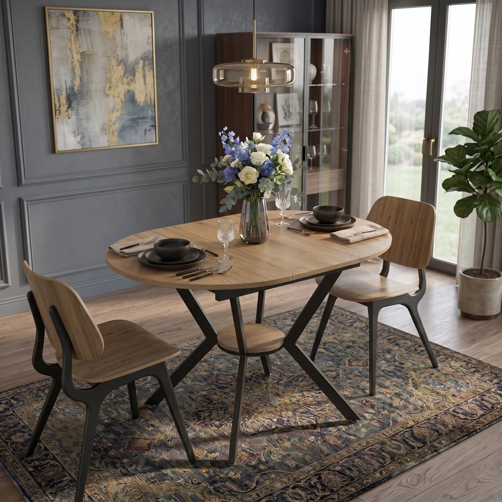Tavolo da pranzo rotondo allungabile, 100-140 x 100 x 80 cm, robusto telaio in metallo a X, nero, tavolo da cucina con vano portaoggetti, tavolo da pranzo allungabile ovale per fino a 6 persone, per