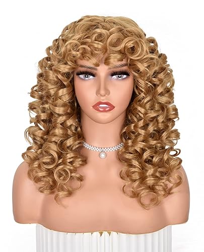 ANNISOUL Pelucas rubias rizadas para mujeres negras, peluca afro larga y rizada con flequillo para mujer, fibra sintética esponjosa, sin pegamento,
