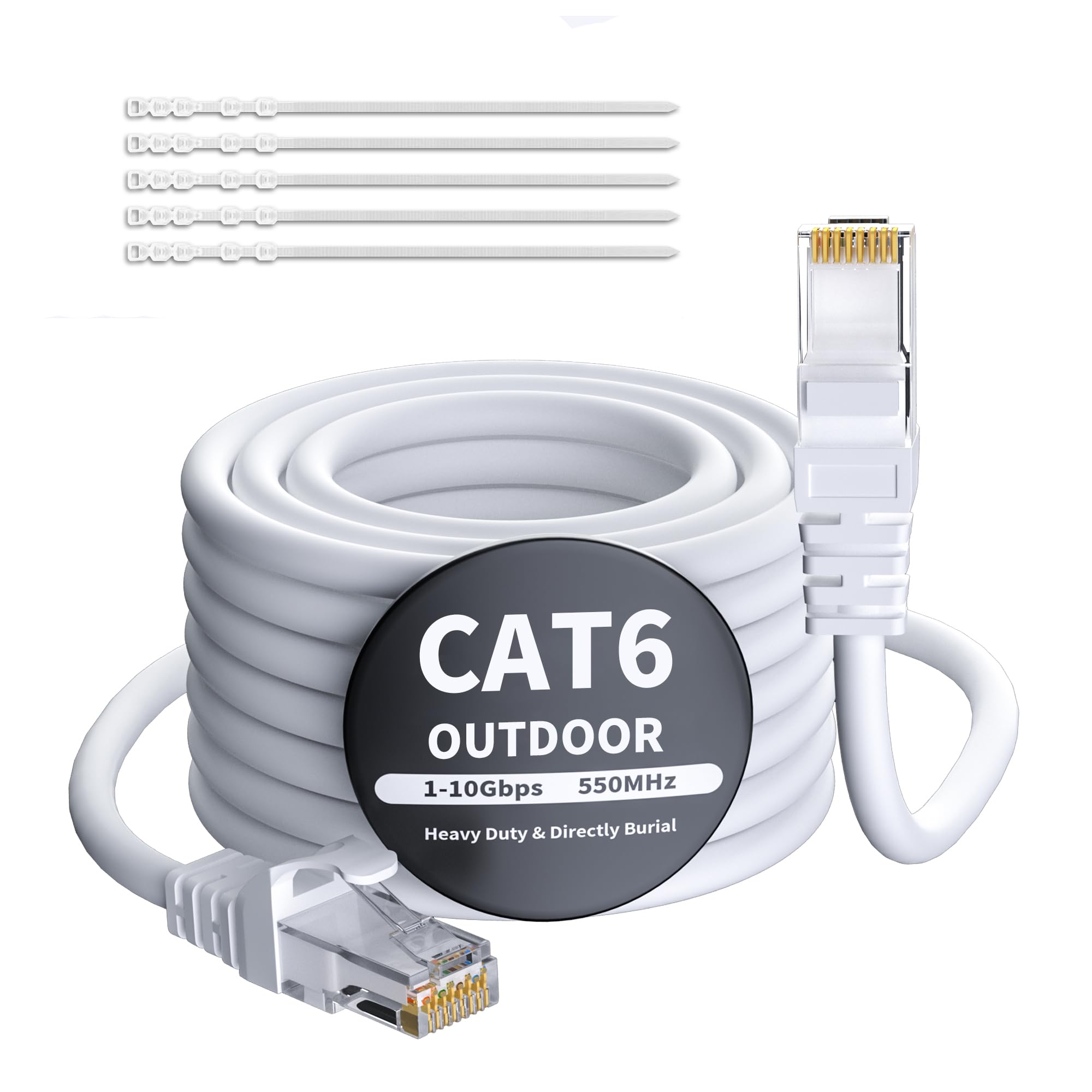 Câble Ethernet CAT 6 - 10 m - Blanc - Pour l'extérieur et l'intérieur - Étanche - Pose directe - Câble réseau Gigabit - UTP, CCA - RJ45 - Pour caméra POE, routeur, modem, commutateur + 25
