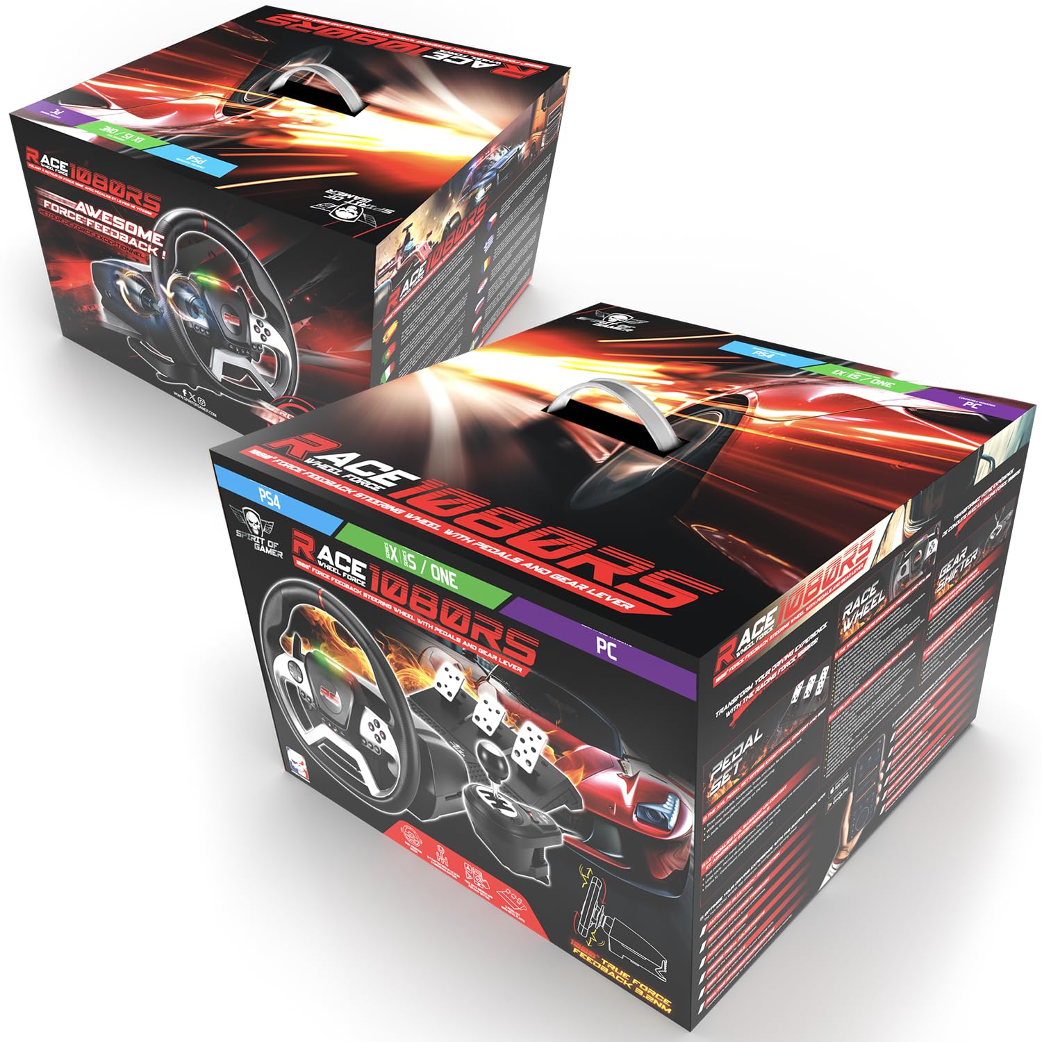 Spirit Of Gamer - RACE Wheel FORCE, Volant PS4 avec Levier de Vitesse et Pédalier, Pour PC, PS4, PS3, XBOX ONE, Volant avec Palette à Retour de Force et Angle de rotation 1080°, Boite de vitesse 6+R