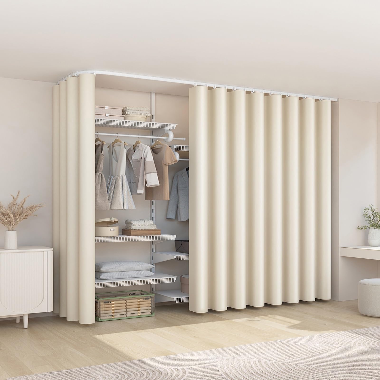 Tinta Unita Tenda Antipolvere per Scaffale Tenda per Cabina Armadio Privacy Ripple Piega con Binario Regolabile per Libreria Cucina Cabina Armadio(Beige,W 200 cm x H 270 cm)