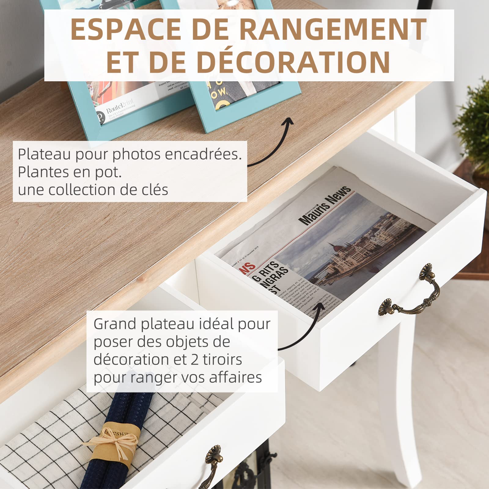 HOMCOM Table Console Style Mexicain 2 Tiroirs 87L x 34l x 78H cm Blanc | Table d'Entrée, Bout de Canapé, MDF Bois Massif Pin Clair, Meubles de Salon