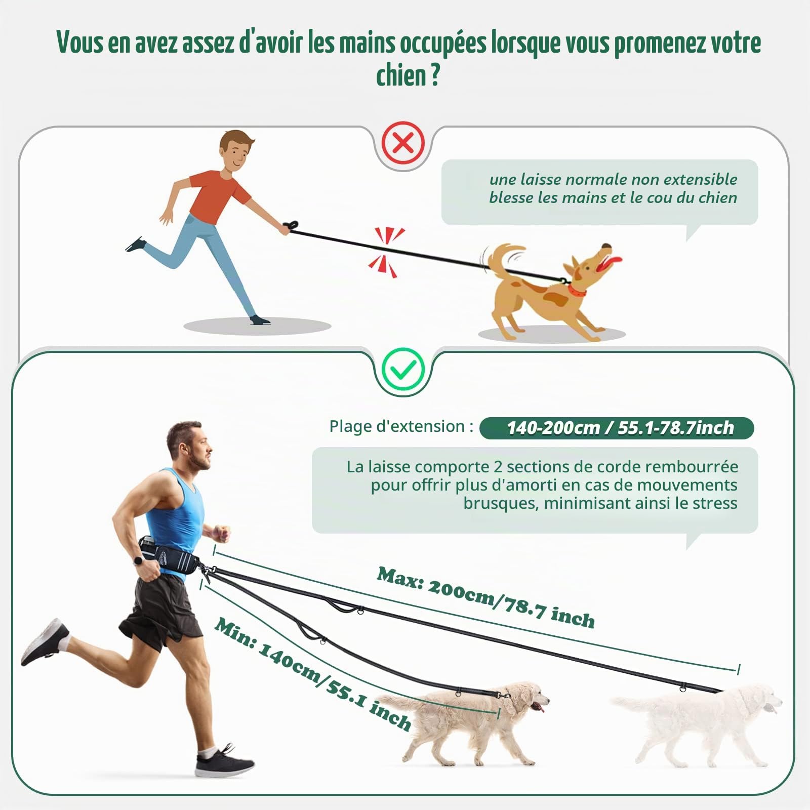 Laisse pour Chien Mains Libres avec Sac de Ceinture, 140-200 cm Laisse Chien de Course, Ceinture Réglable pour la Marche l'Entraînement la Randonnée - Noir