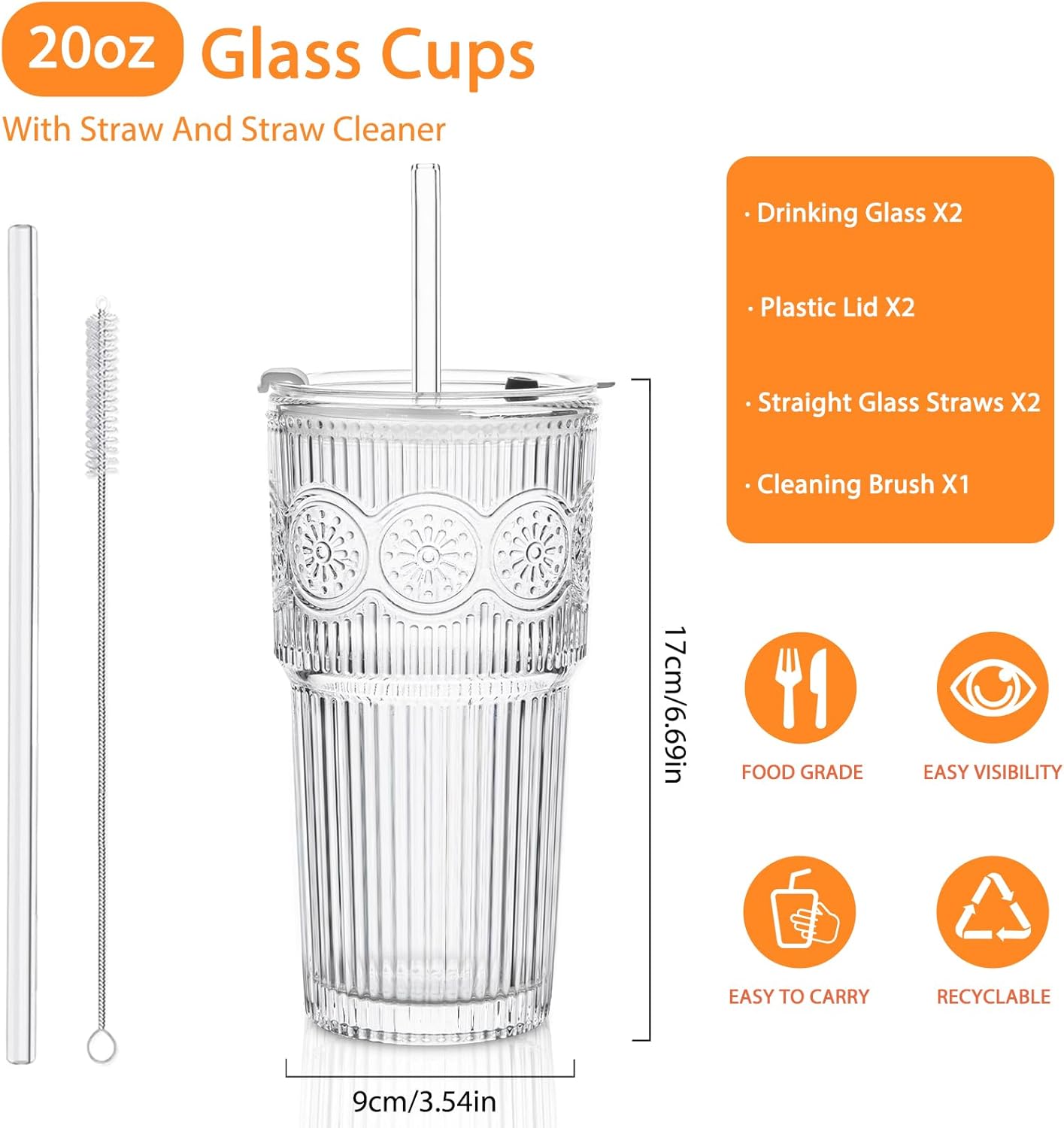 20oz Ribbed & Floral Glass Tumbler Set of 2 – Reusable Glass Cups with Lid and Glass Straw, Iced Coffee Cups for Water, Smoothie, Milk, Cocktail & More – Perfect for Daily Use & Travel - Image 2