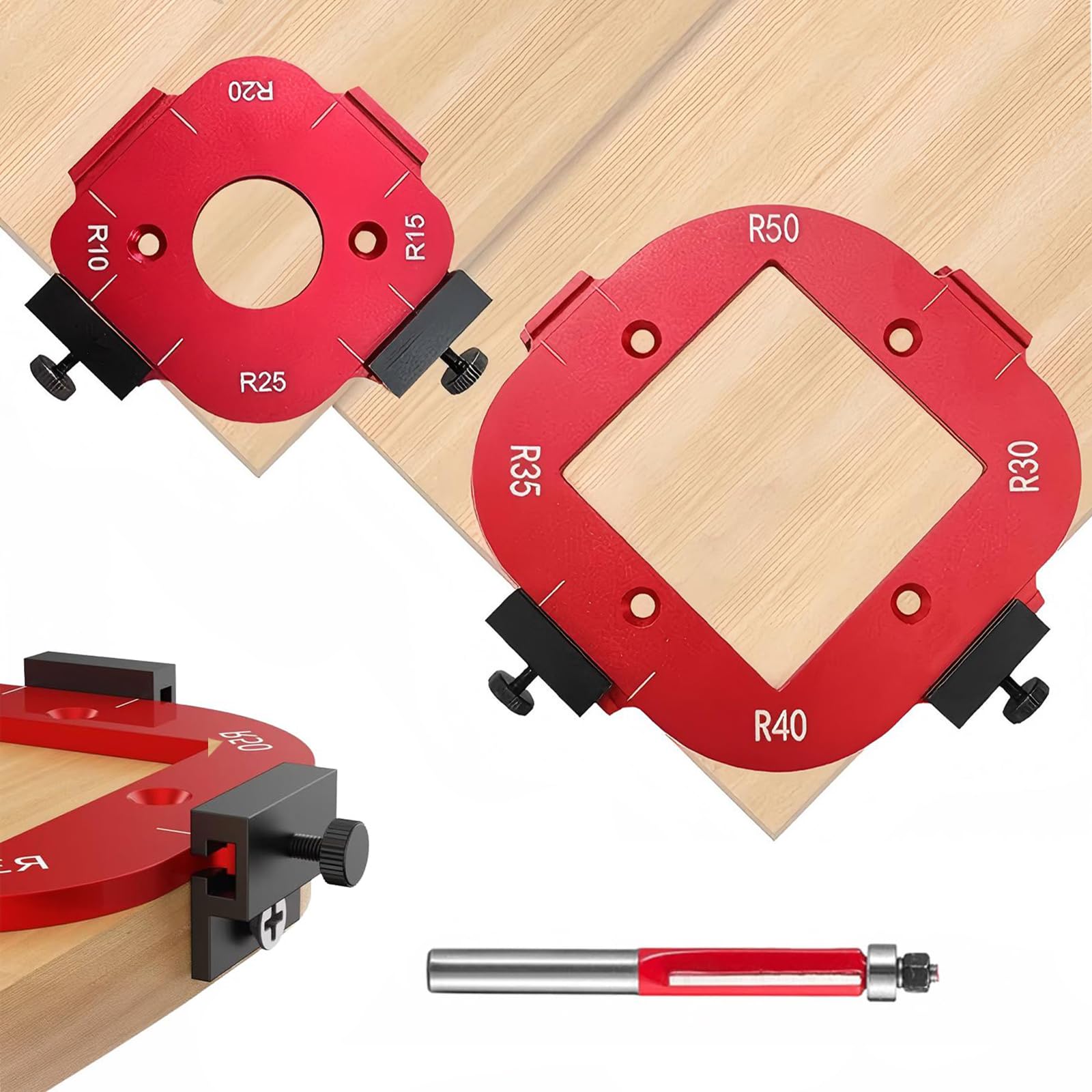 2 Piezas de Plantilla de Radio de Fresadora, 4 en 1 para Carpintería R10 R15 R20 R25 R30 R35 R40 R50 Plantillas de Enrutamiento de Radio para Carpintería DIY, Jig de Radio