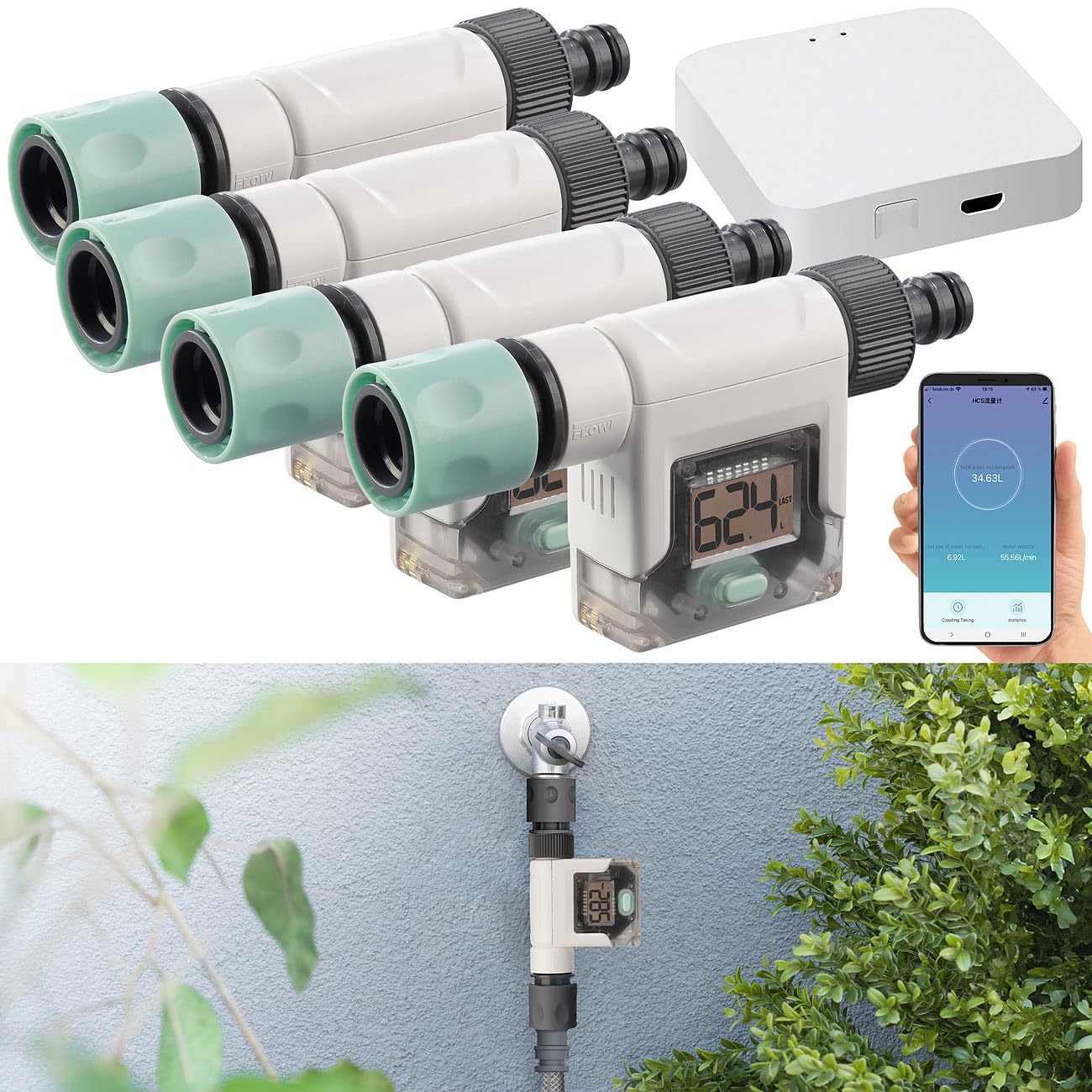 Royal Gardineer Wassermenge-Zähler: 4er-Set smarte Wasserzähler für Gartenschlauch, mit WLAN-Gateway & App (WLAN Gateway, Bluetooth, App, Uhren)