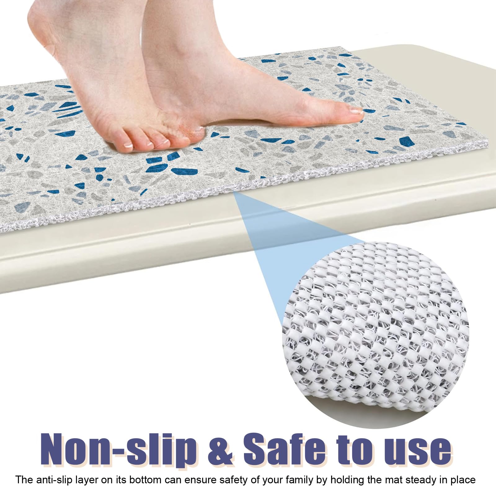 Alfombrilla de baño antideslizante de 50 x 100 cm, de PVC suave, lavable y de secado rápido para superficies húmedas, color azul y gris