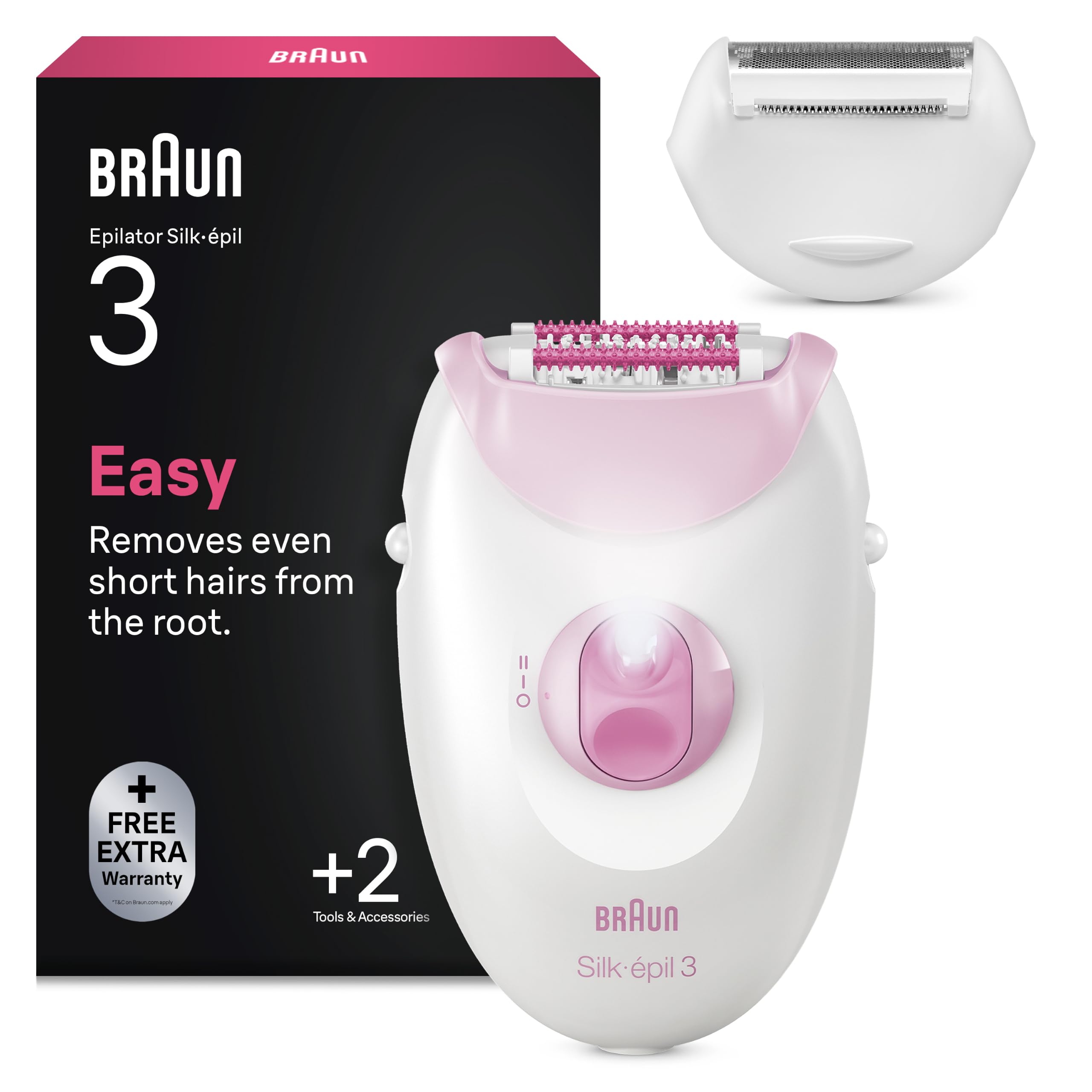 Braun Silk-Épil 3 Epilatore Elettrico Donna, Accessori, 3-031 Bianco/Rosa | Rasoio Elettrico Donna con Filo, Rimozione Facile Peli, Pelle Liscia a Lungo, Include Testina Rasoio e Pettine Regolatore