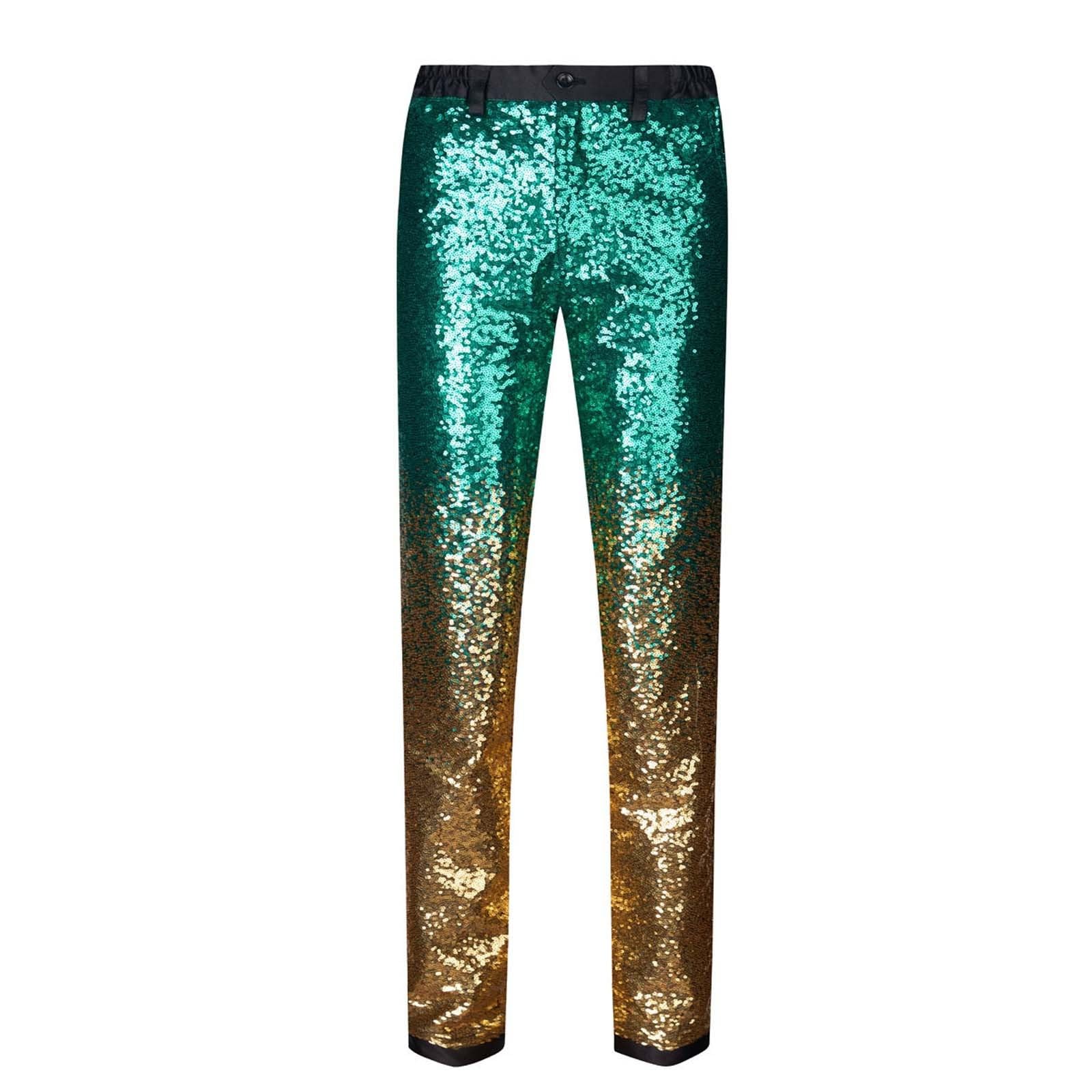 Generisch Pailletten Hose Herren Glitzer Tanzhose Slim Fit Herrenhose Karneval Kostüm Retro Party Jazzhose Farbverlauf Paillettenhose Elastische Taille Jogginghose Business Anzughose