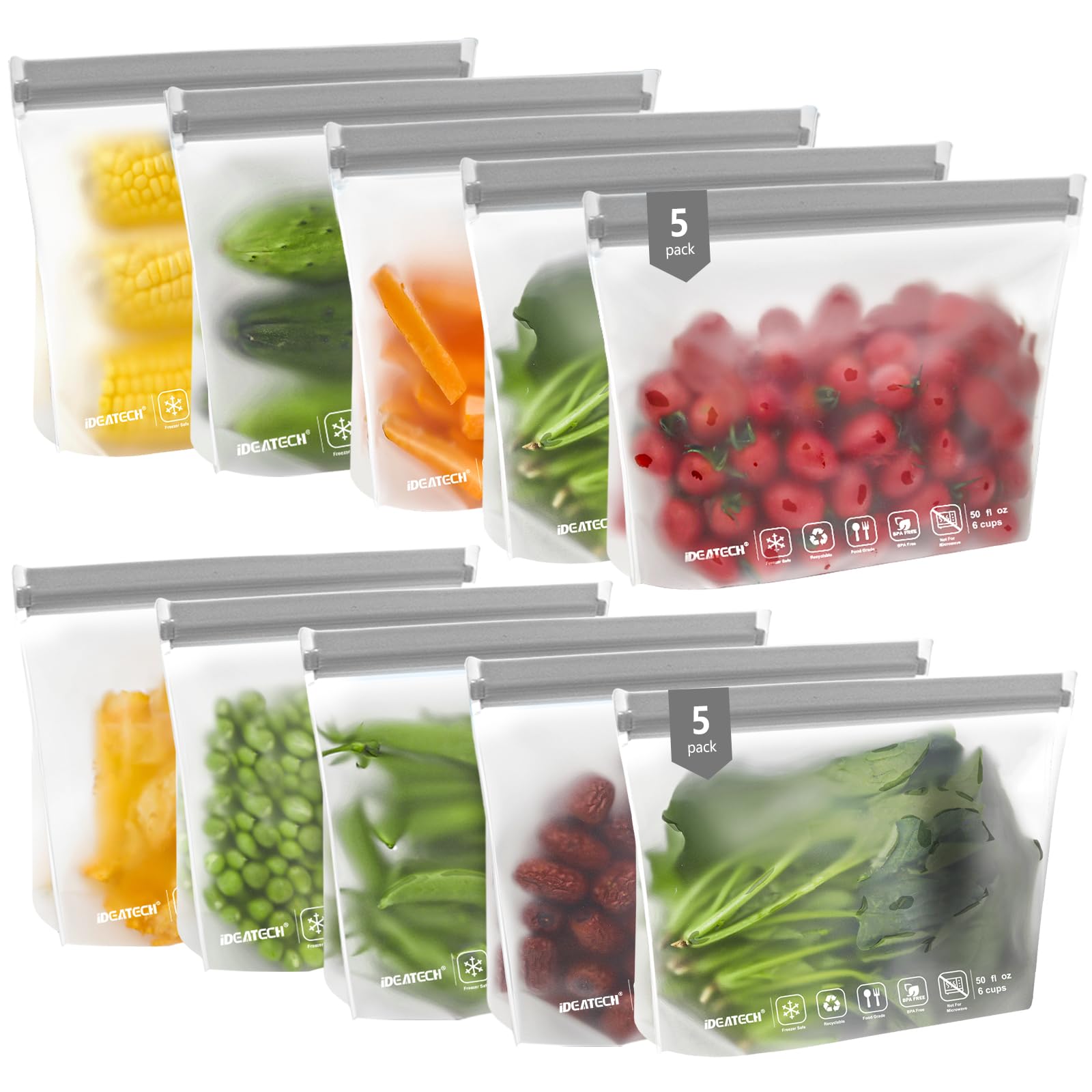 IDEATECH Quart Freezer Bags, BPA Free PEVA Reusable Sandwich Snack Bags, Quart Size Food Baggies Containers for Travel, Lunch, Healthy Food (Grey, 10Pack-10Quart)