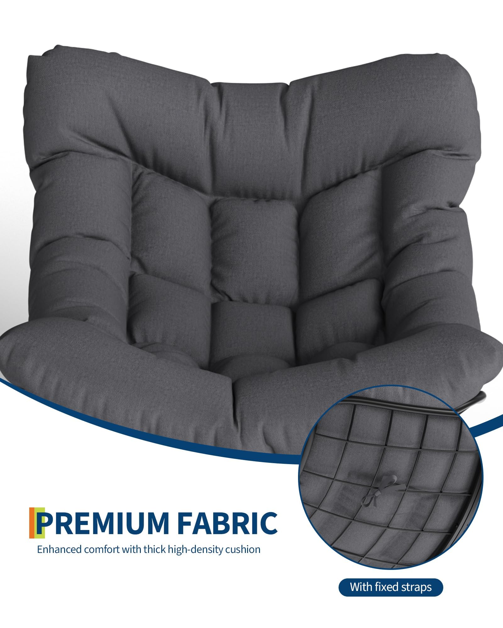 Sedia a dondolo esterno oversize forma uovo poggiapiedi - Seduta ergonomica tessuto grigio imbottitura spessa, struttura in metallo resistente alle intemperie, moderna sedia giardino giardino