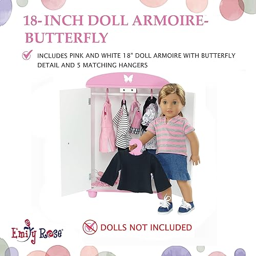 Miniatura 3 de Emily Rose mueble de muñecas de 18 pulgadas para muñecas American Girl, armario para muñecas con detalles de mariposas, 5 perchas de madera, para