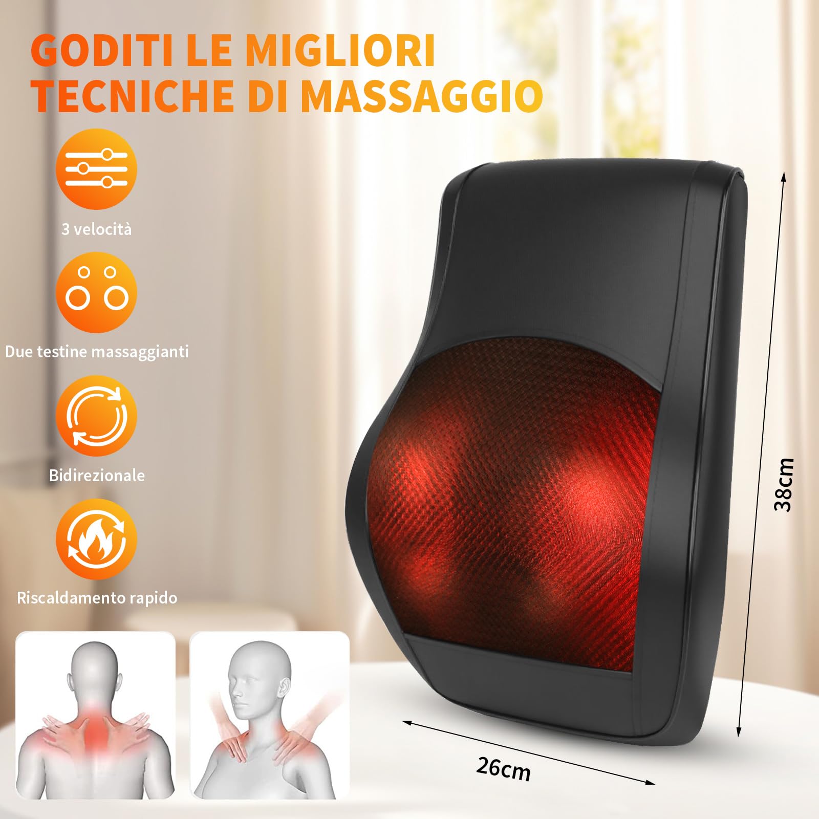 Massaggiatore per collo con calore e vibrazione, massaggiatore per la schiena con 3 livelli di calore e 3 intensità, massaggiatore Shiatsu per ufficio, casa e auto, per sollievo mirato dal