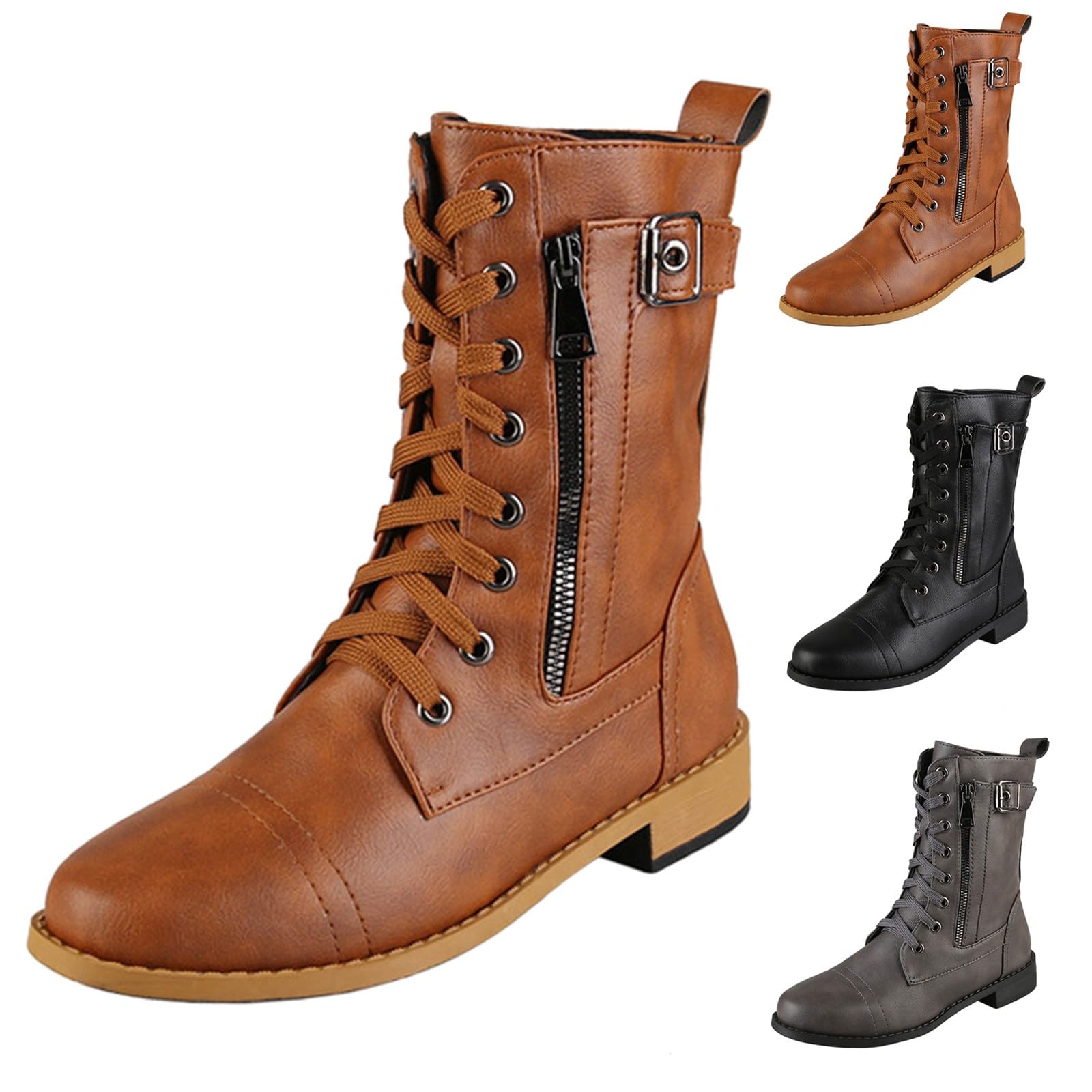 Generisch Elegante Stiefeletten Weibliche Stiefel Militärische Kampfstiefel PU Leder Stiefele Damen High-Top Warme Schnürstiefel Flache Schuhe Schnürstiefeletten mit Reißverschluss Herbst Winter