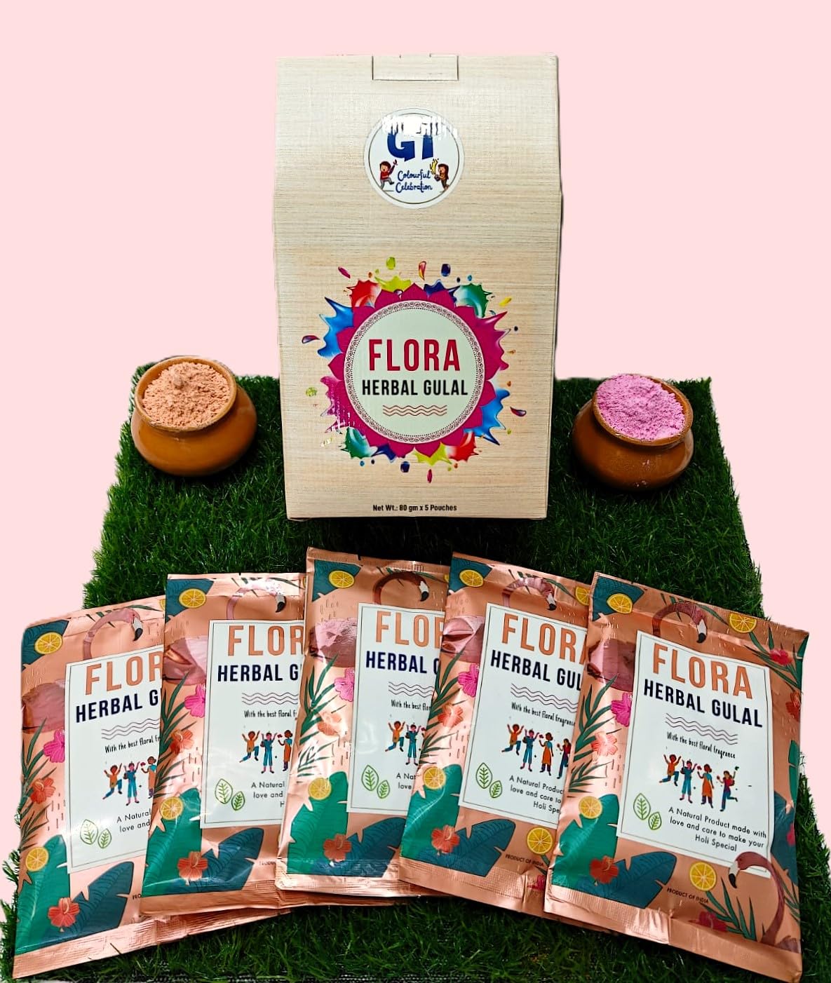 Niku Holi Colour - Flora Herbal Organic Holi Gulal | 5 Vibrant Colours | Non Toxic, Easy to Remove, Soft Skin Friendly | Pack of 5-80gm *5 | Holi Gift Pack for Family, Party - Image 4 thumbnail