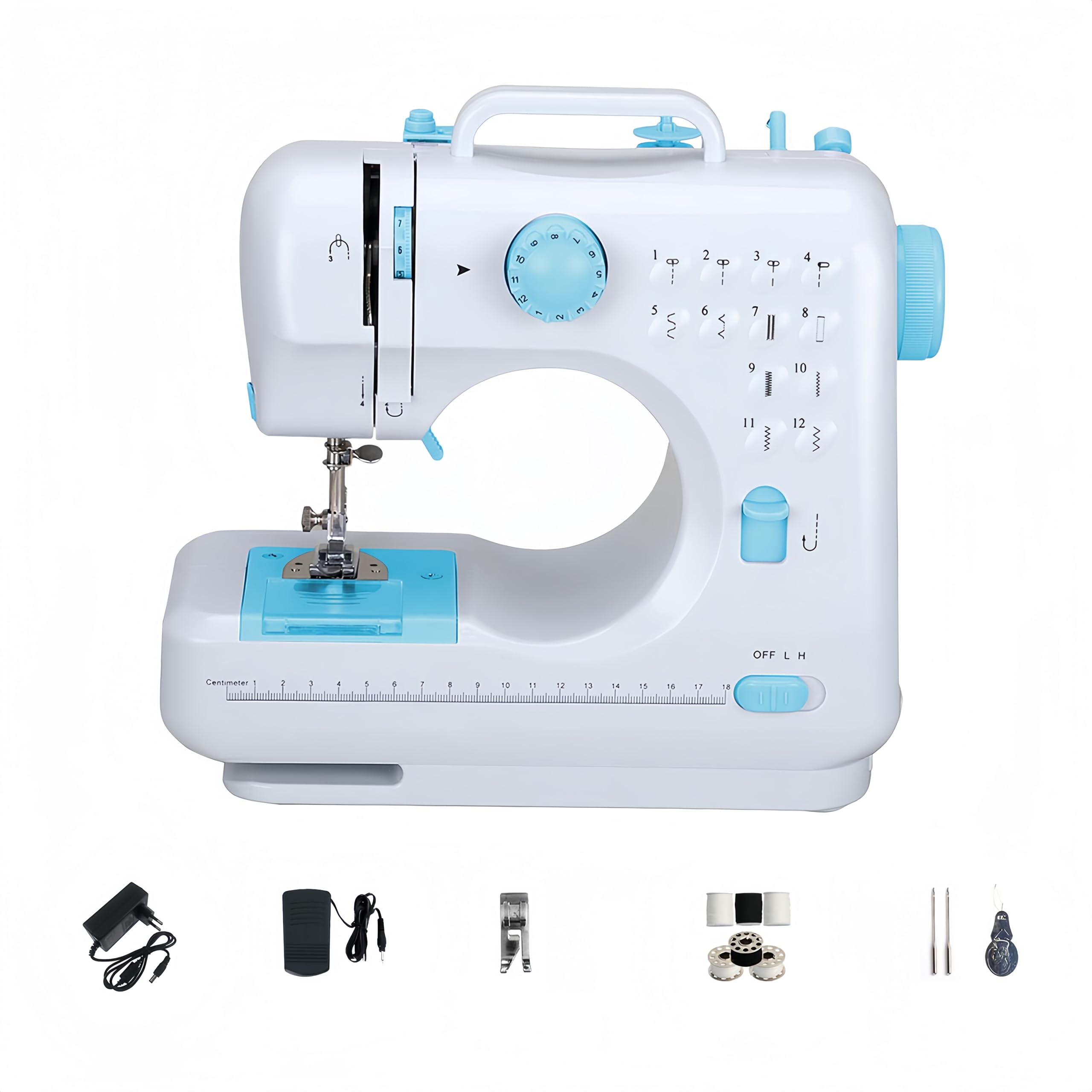 505 Macchina da Cucire Elettrica Portatile con 12 Punti Regolabili, Mini Macchina da Cucire per Principianti e Bambini, Cucitrice Portatile per Creativo, Professionale, Braccio Libero (Blu)