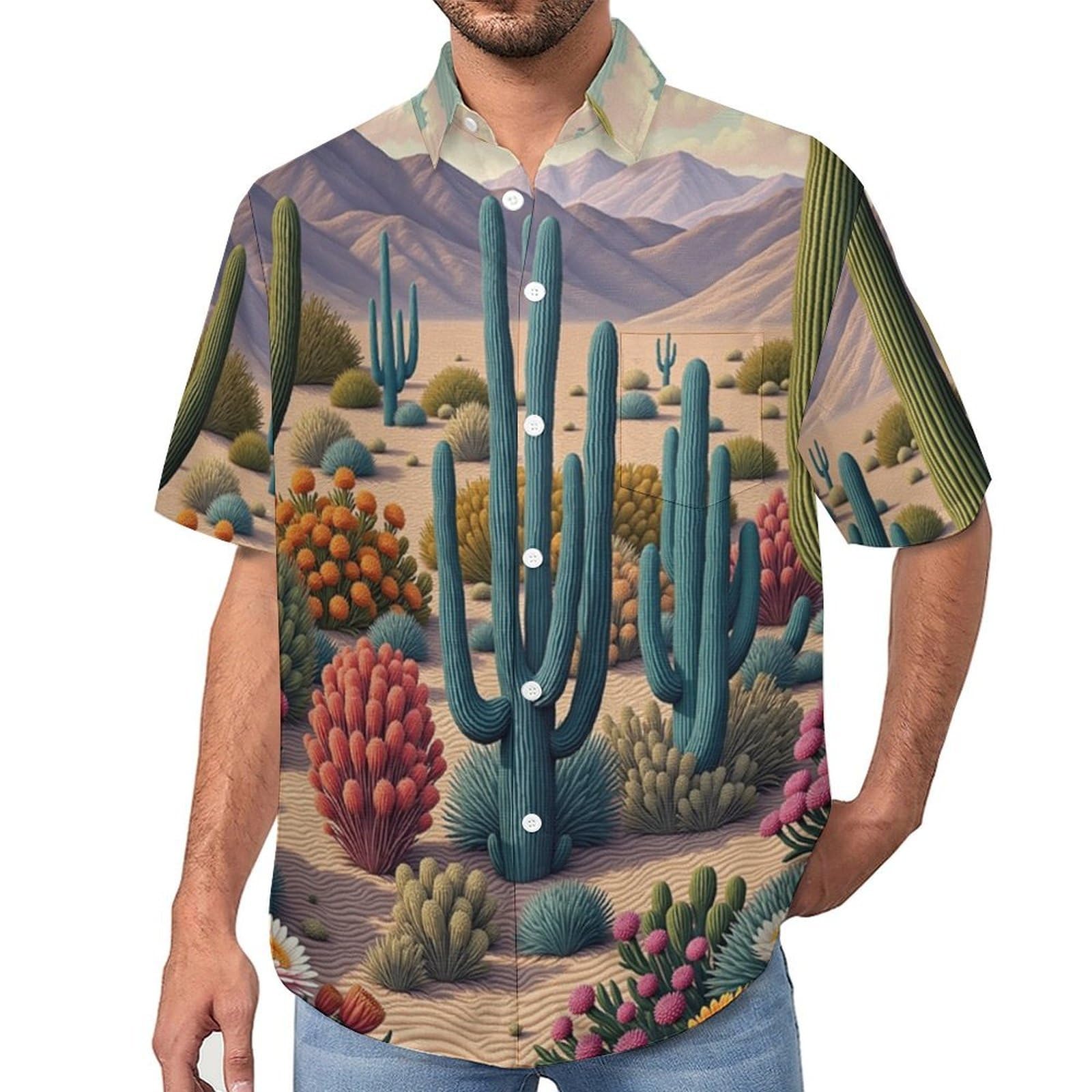 Camicie a Maniche Corte da Uomo - Camicie da Spiaggia con Stampa Illustrazione di Cactus del Deserto Paesaggio, Funky Estiva Cool Camicia Hawaiana Monopetto Camicia S-5XL
