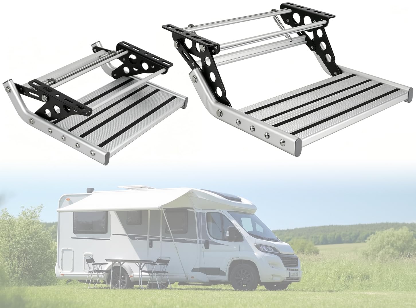 キャンピングカー ステップ 折りたたみ 手動式 RV階段 エントリーステップ 耐荷重200kg 滑り止めデザイン アルミ合金製 頑丈 トラベルトレーラー踏み台 ドロップダウン 省スペース収納 段差対応 車中泊・キャンプ・ドライブ 取付簡単 日本語説明書付き シルバー
