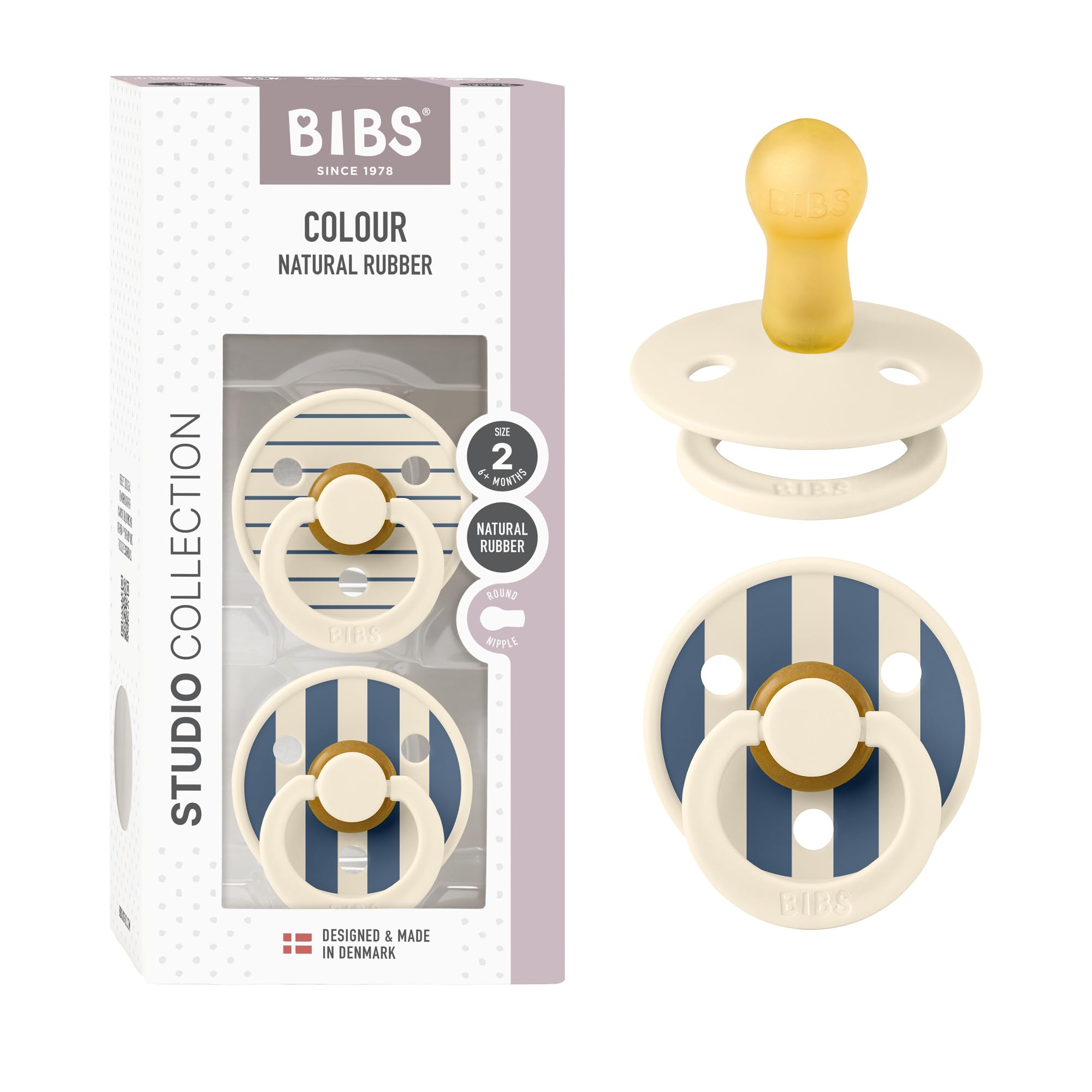 BIBS Colour Studio Soother 2-Pack, BPA Free Dummy Pacifier, Round Nipple. Natural Rubber Latex, Made in Denmark, Size 2 (6-18 Months), Pin Ivory Steel Blue