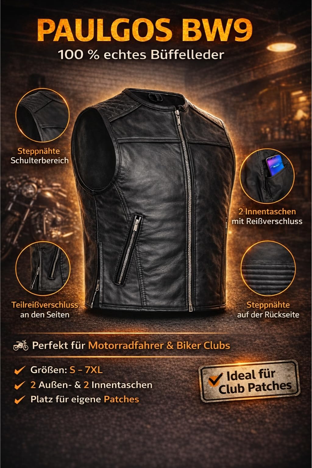 PAULGOS Lederweste Weste Kutte Leder Biker Rocker Motorrad Clubweste Bikerweste Motorradweste Schwarz BW9