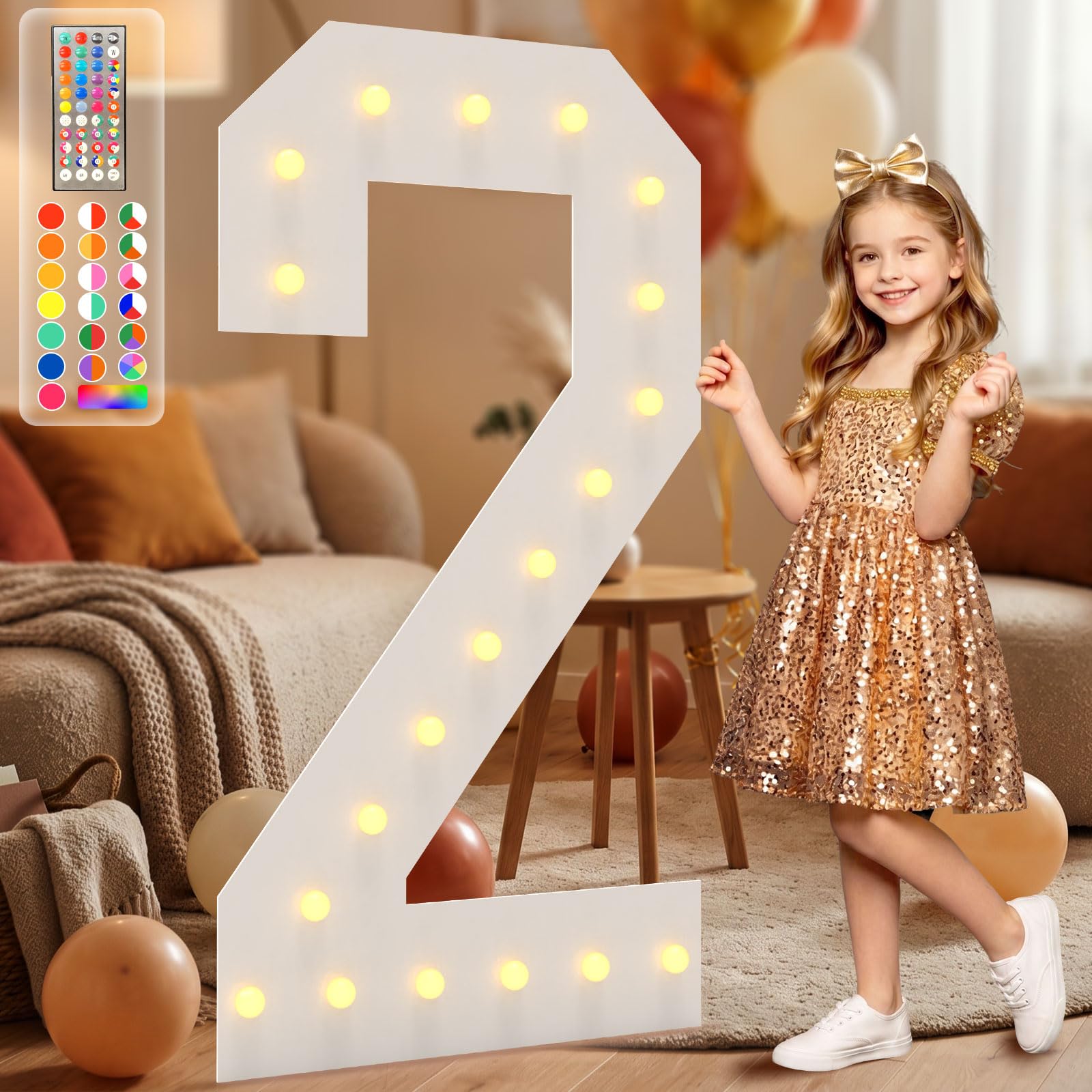 4FT Marquee Light Up Numbers, 34 Colors Changing Marquee Numbers with Remote,Water Bag, 4FT Light Up Numbers for 2nd 21st 25th Birthday Party Decorations Backdrop Anniversary Decor, Large Number 2