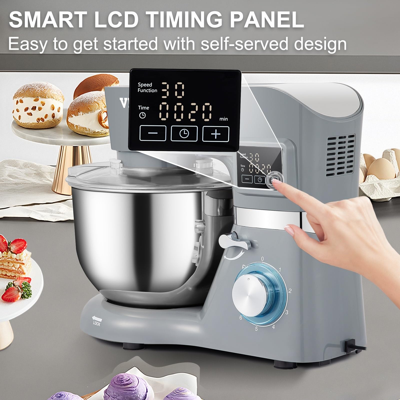 Batteur sur Socle électrique 5.5/7L avec 6 Vitesses écran LCD minuterie mélangeur Alimentaire crème Oeuf Fouet Fouet pétrin avec Bol en Acier (Color : 7L 450W, Size : 1 UK)
