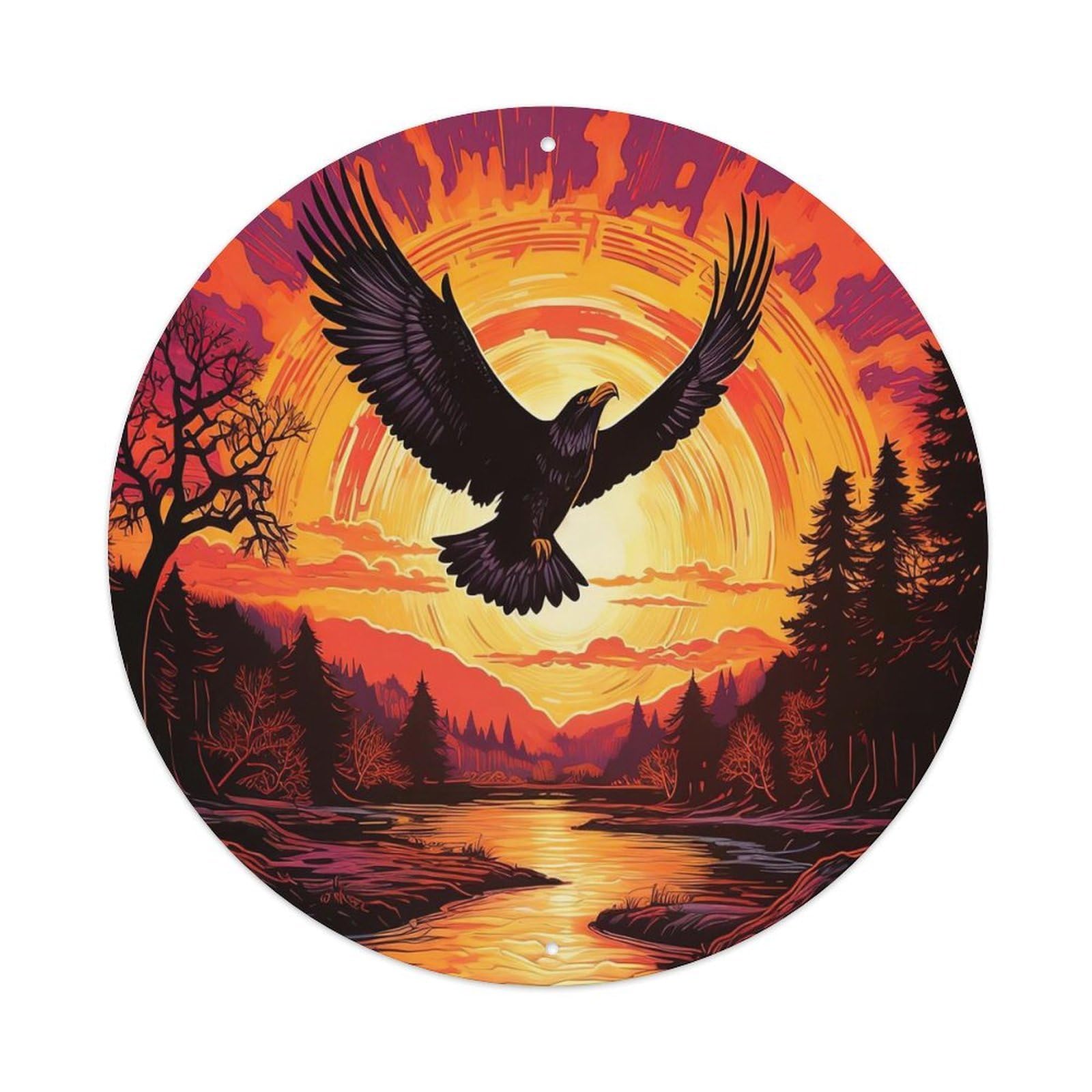 Art Animal at Sunset Bald Eagle Vintage Metal Tin Sign Plaque Wall Decor for Cafe, Club, Garden Round Metal Poster 8x8Inch