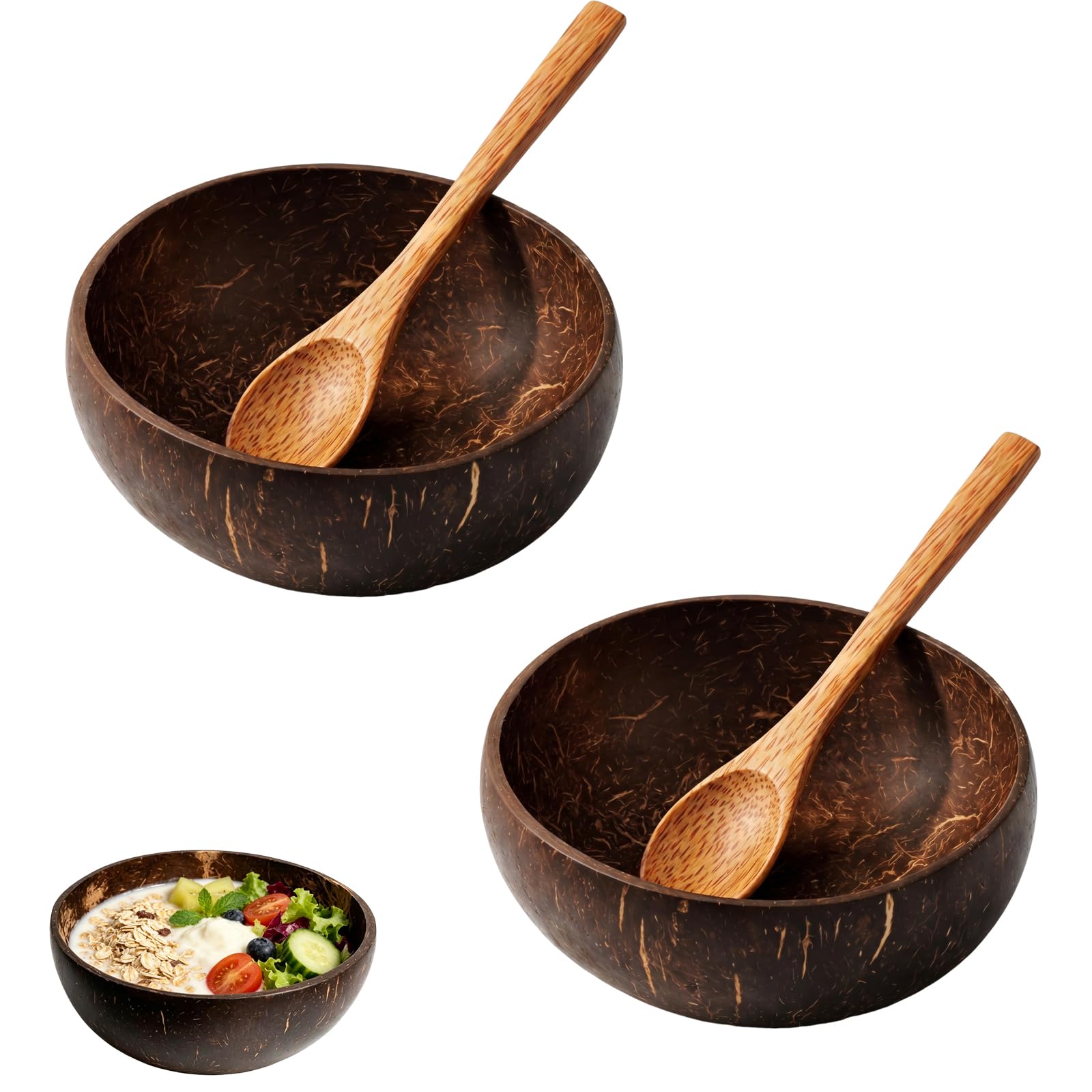 DXPETA Coconut Bowl Set of 2 with Spoons, Large Coconut Shell Bowls for Smoothie and Acai Bowls, Wooden Fruit Bowls with Organic Coconut Water Finish, Natural Serving Bowls for Yogurt and Fruit