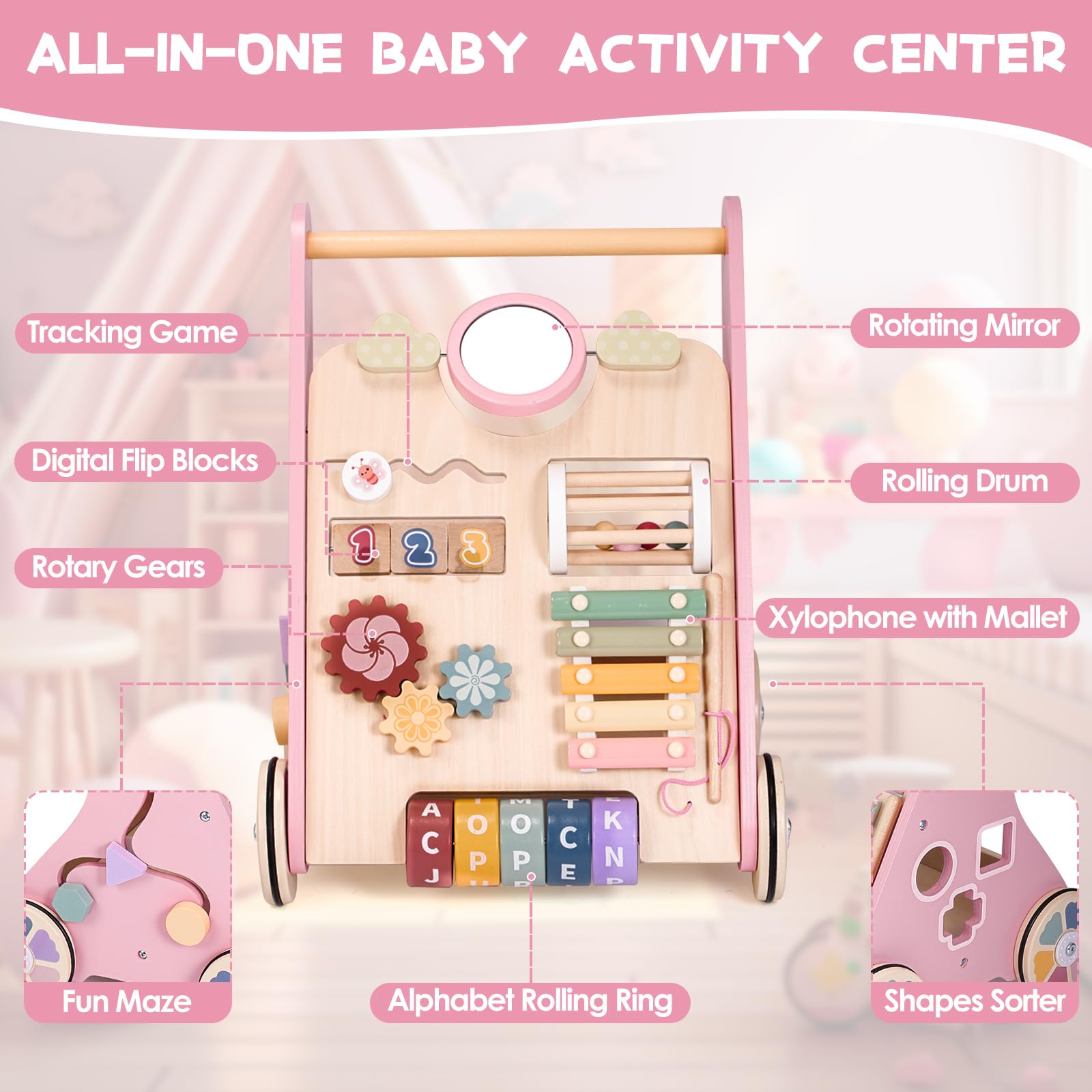 Montessori - Andador de madera para bebés, juguete para actividades de aprendizaje de empujar y tirar, andador de bebé con ruedas para niños y niñas de 1 año, juguete de empuje para niños y niñas de 1
