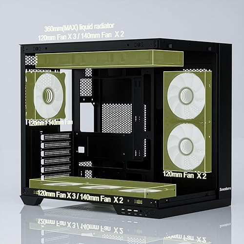 Miniatura 6 de SevenHero Carcasa para PC ATX, 5 ventiladores ARGB, puerto tipo C, panel de vidrio templado de visión completa de 270 grados, soporta radiador de