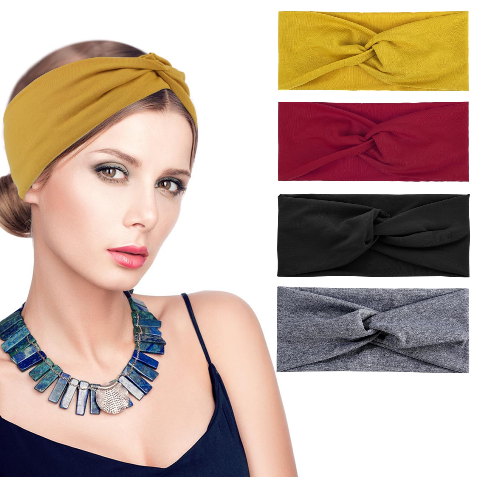 4Pcs Turban Headbands for Women Knotted Wide Hair Band Fashionable Elastic Bandana Stretch Non-Slip Versatile Turbans Breathable Lightweight Sweat Wicking Headwear for Workout Running Yoga Sports