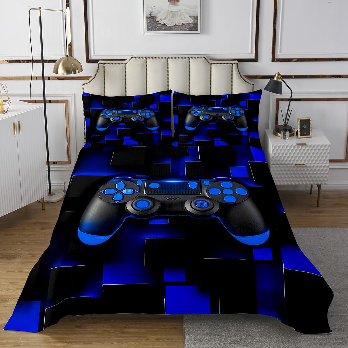 jejeloiu Gamer Bedspread for Kids Boys Girls Gaming Coverlet Set Twin Size Ombre Abstract Quilted Coverlet Bedroom Decor Breathable Soft Lightweight Microfiber Blue Black 2Pcs