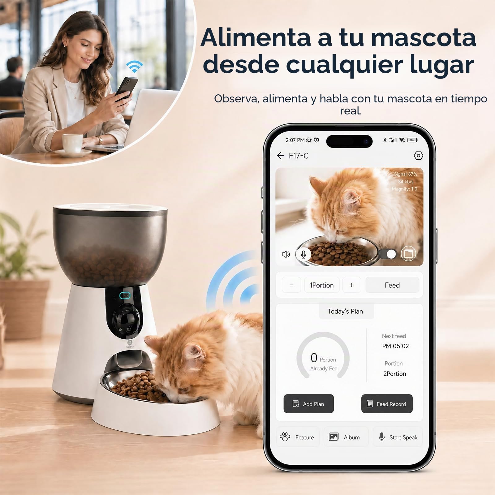Podazz Comedero Gato Automático con Cámara 1080P, WiFi 5G/2.4G, Dispensador de Comida para Gatos y Perros 4L con App, Visión Nocturna, Audio Bidireccional, 10 Comidas al Día, Detección de Movimiento