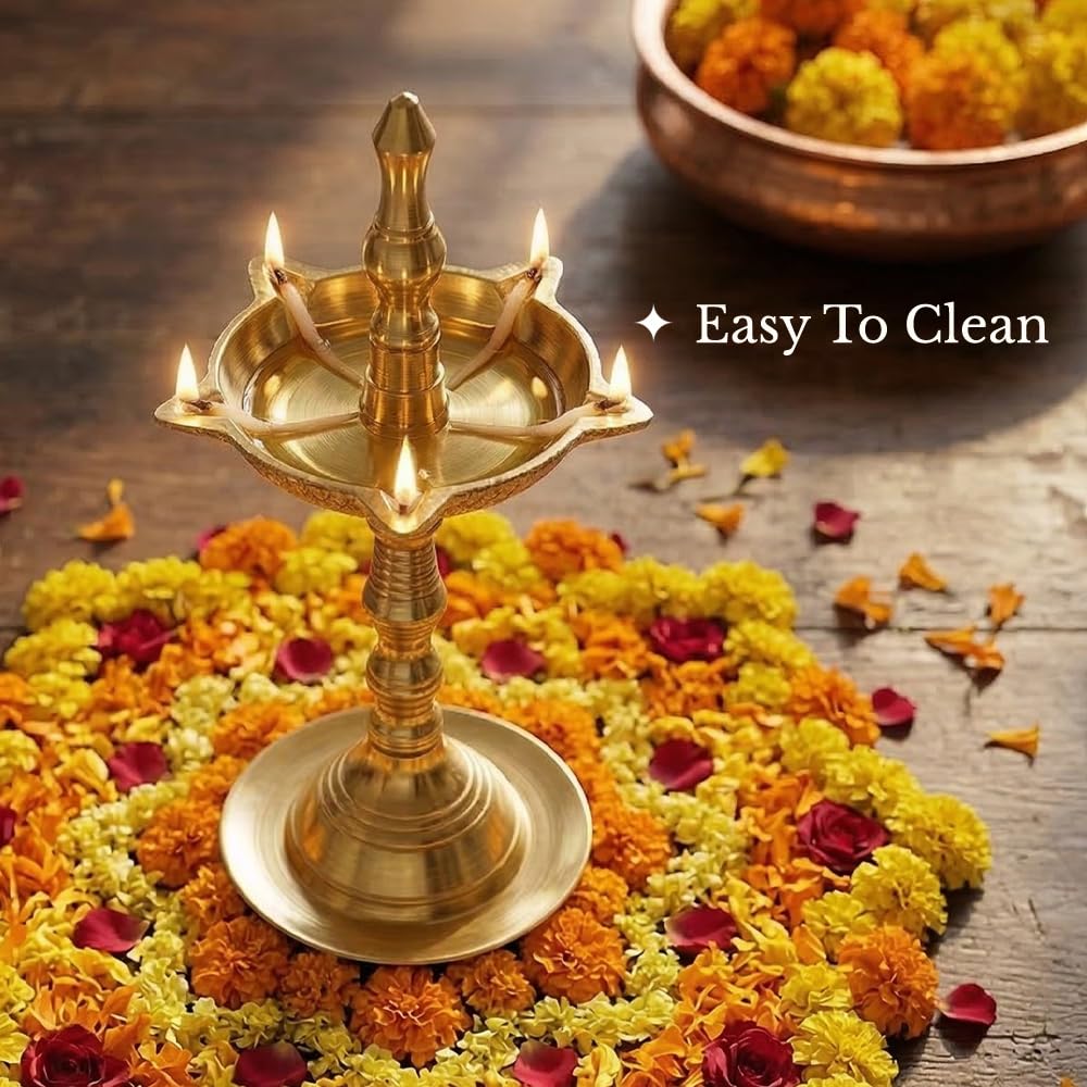 Shubhkart Nitya Kerala Samai Diya | Size 1 Brass Oil Lamp for Pooja | Traditional Deepak for Mandir | Diwali Decoration | Festival Ghee/Oil Diya | 5.19 Inch | 108g | Pooja Worship 1