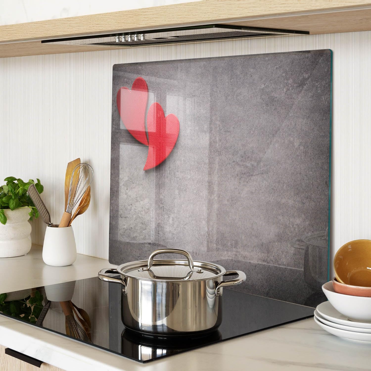 Glasschneidebrett 60x52 cm Lebensmittelecht Rutschfest Silikonfüße Antibakteriell Dekorativ Dünn Glasplatte Hitzebeständig für die Küche Gehärtetes Glas Plastikfrei - Rote Herzen
