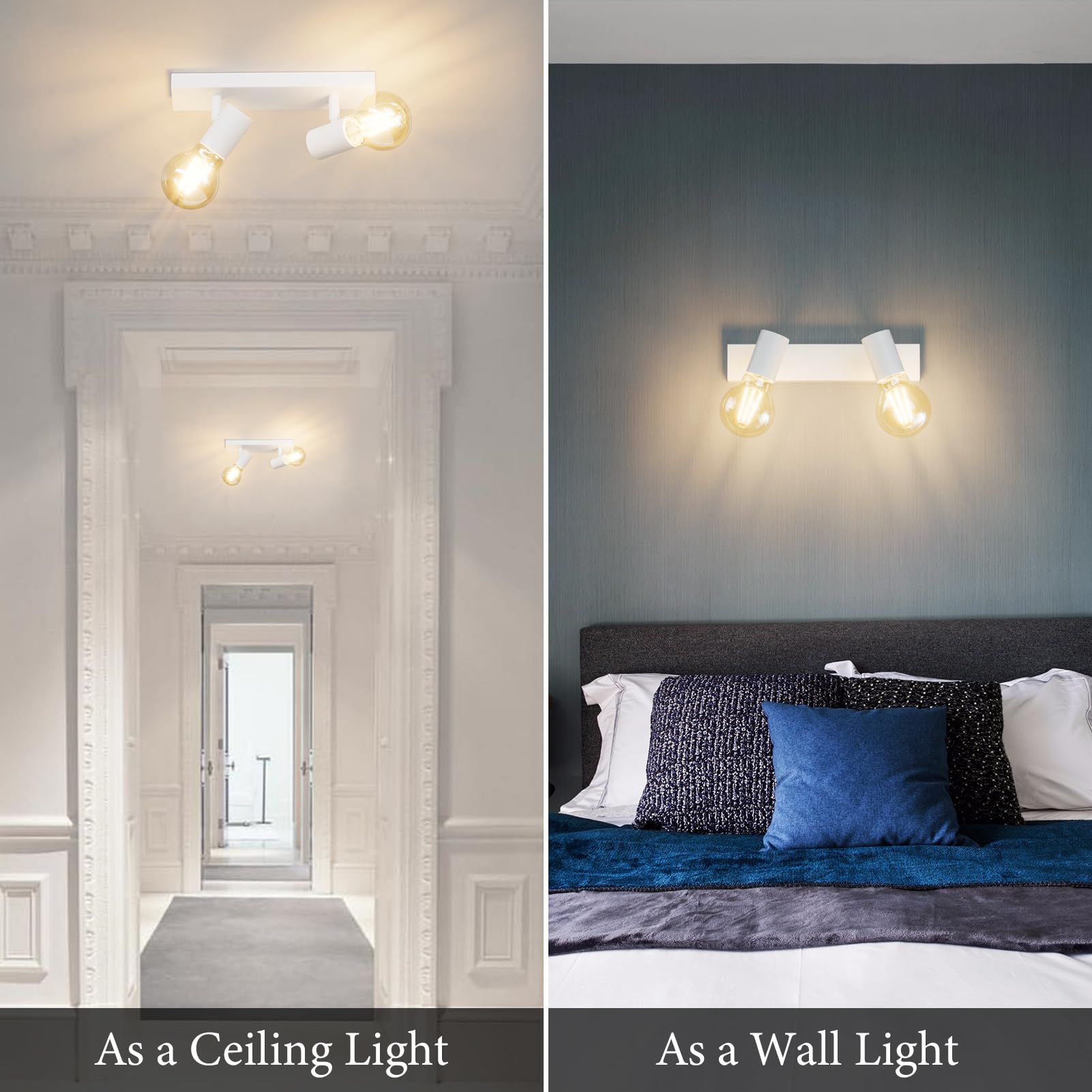 Klighten Faretti da Soffitto Orientabili Bianco con 2 Attacco E27, Vintage Industriale Plafoniera 2 Luci Interno, lampada Soffitto per Cucina, Soggiorno, Camera da Letto, 26cm, Lampadina non Inclusa