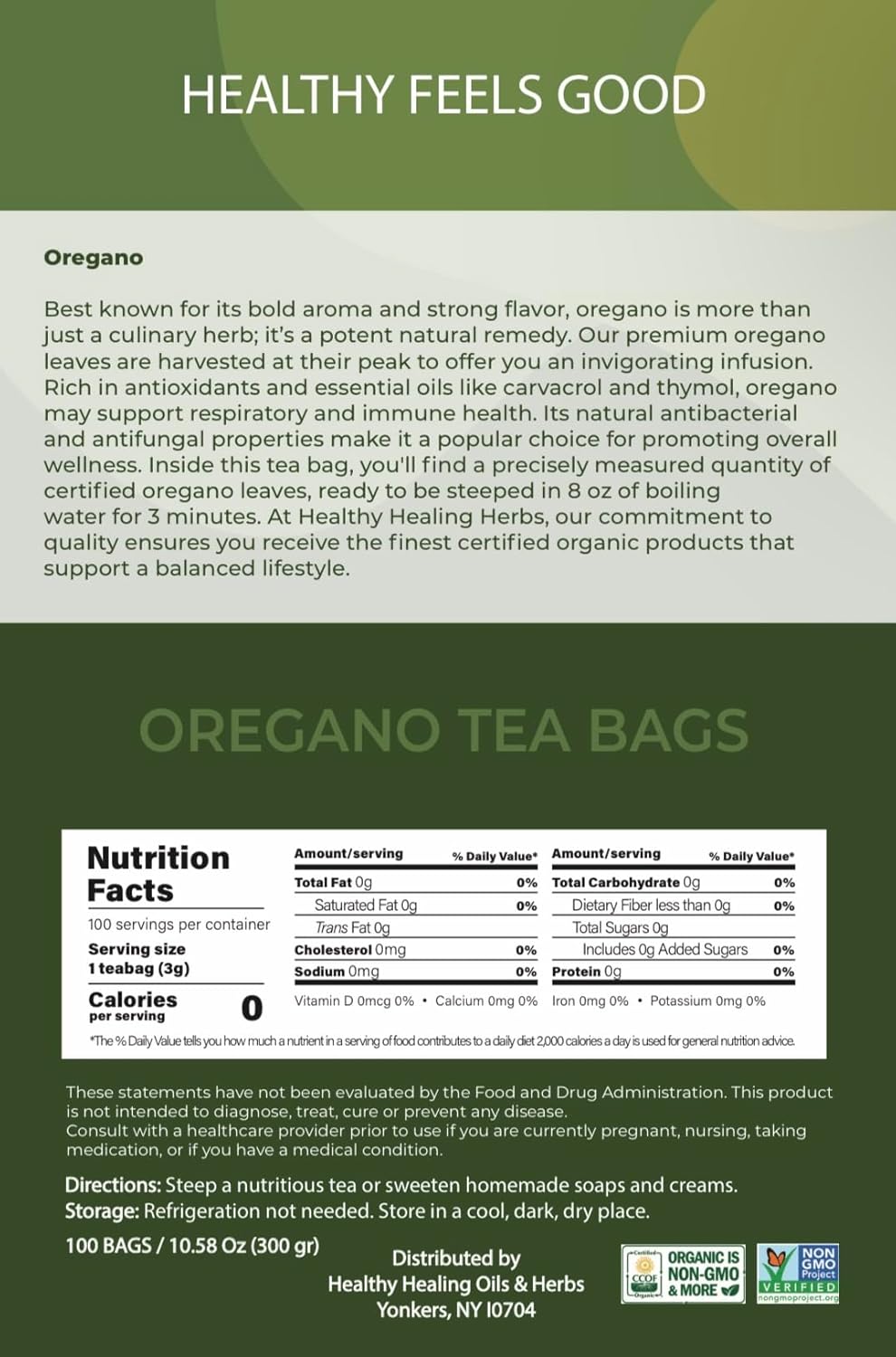 Healthy Healing Herbs Oregano Leaf Herbal Tea – 100 Tea Bags | Pure, Aromatic, Naturally Caffeine-Free Herbal