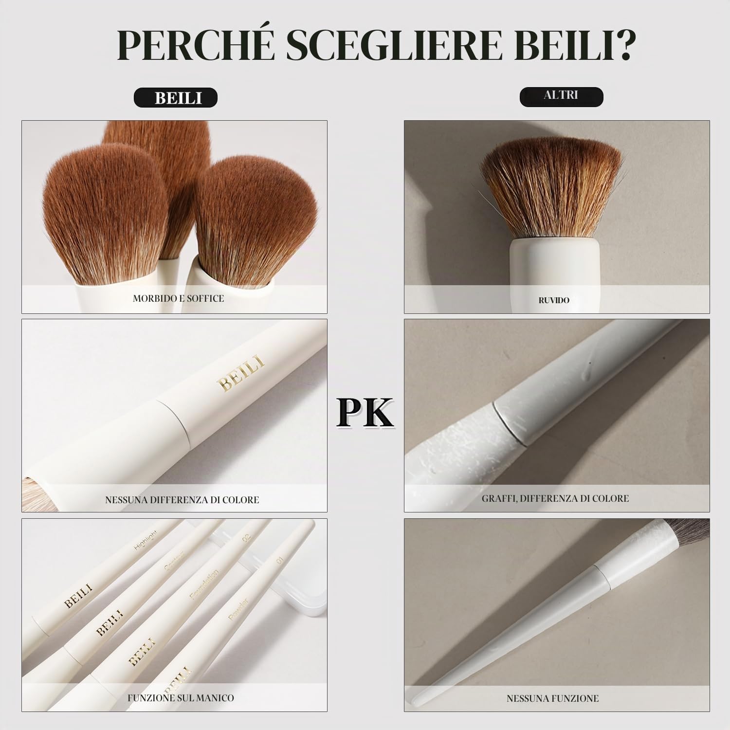 BEILI Pennelli da Trucco 15 PCS Vegano Set Pennelli Make Up Professionali Fondotinta in polvere Evidenziatore Correttore Ombretto Matita per sopracciglia Spoolie Capelli sintetici