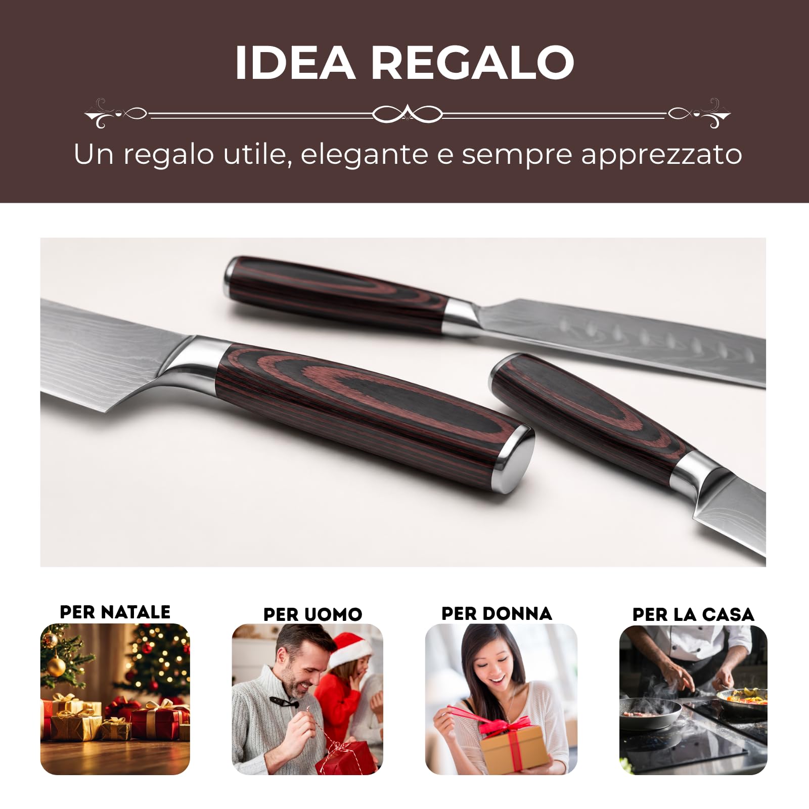 Set Coltelli Cucina 5 Pezzi Multiuso in Acciaio Inox, Chef Santoku Pane Utility e Spelucchino, Coltelli Cucina Professionali per Carne Verdure Pane e Pesce, Lama Affilata e Bilanciata, Idea Regalo