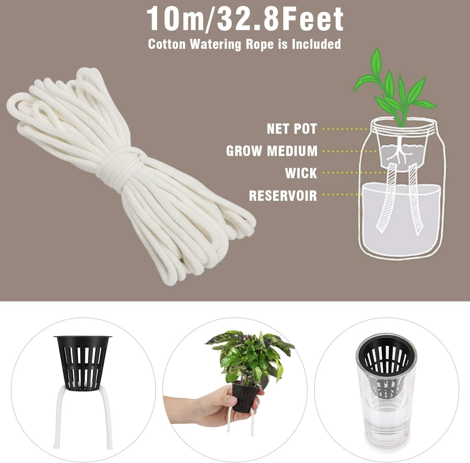 OAK LEAF 2 Inch Net Cups, Net Pots for Hydroponics, 50-Pack with Self-Watering Capillary Water Wick (10m 32.8ft), Hydroponic Cups Slotted Mesh, Black