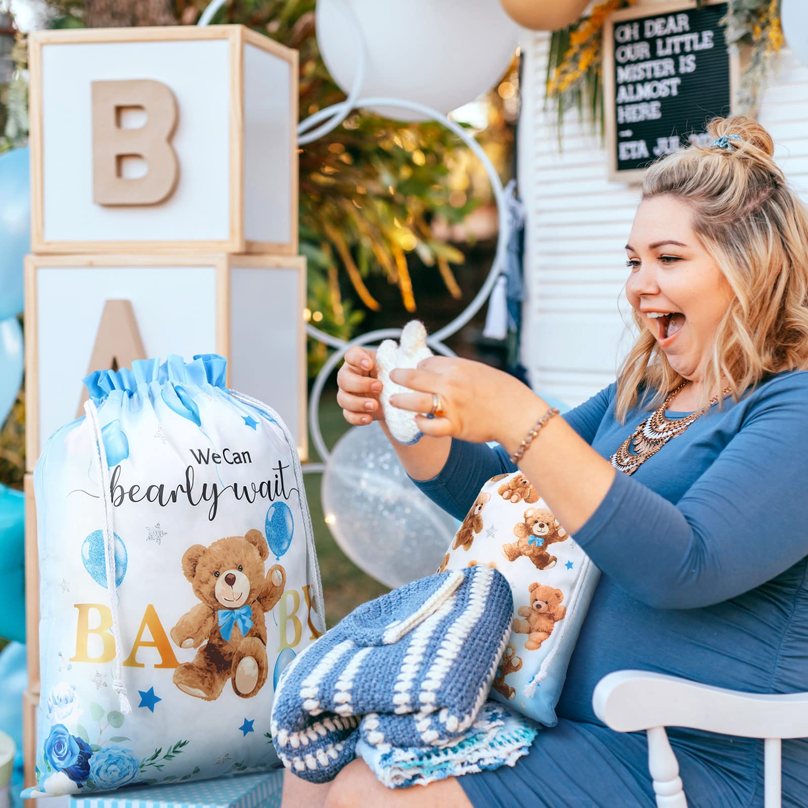 Chapou 4 szt. Niedźwiedź Baby Shower Torby na prezenty z tkaniny wielokrotnego użytku Torby na prezenty 'We Can Bearly Wait' torby na prezenty 50 cm duże 30 cm średnie torby na prezenty do pakowania