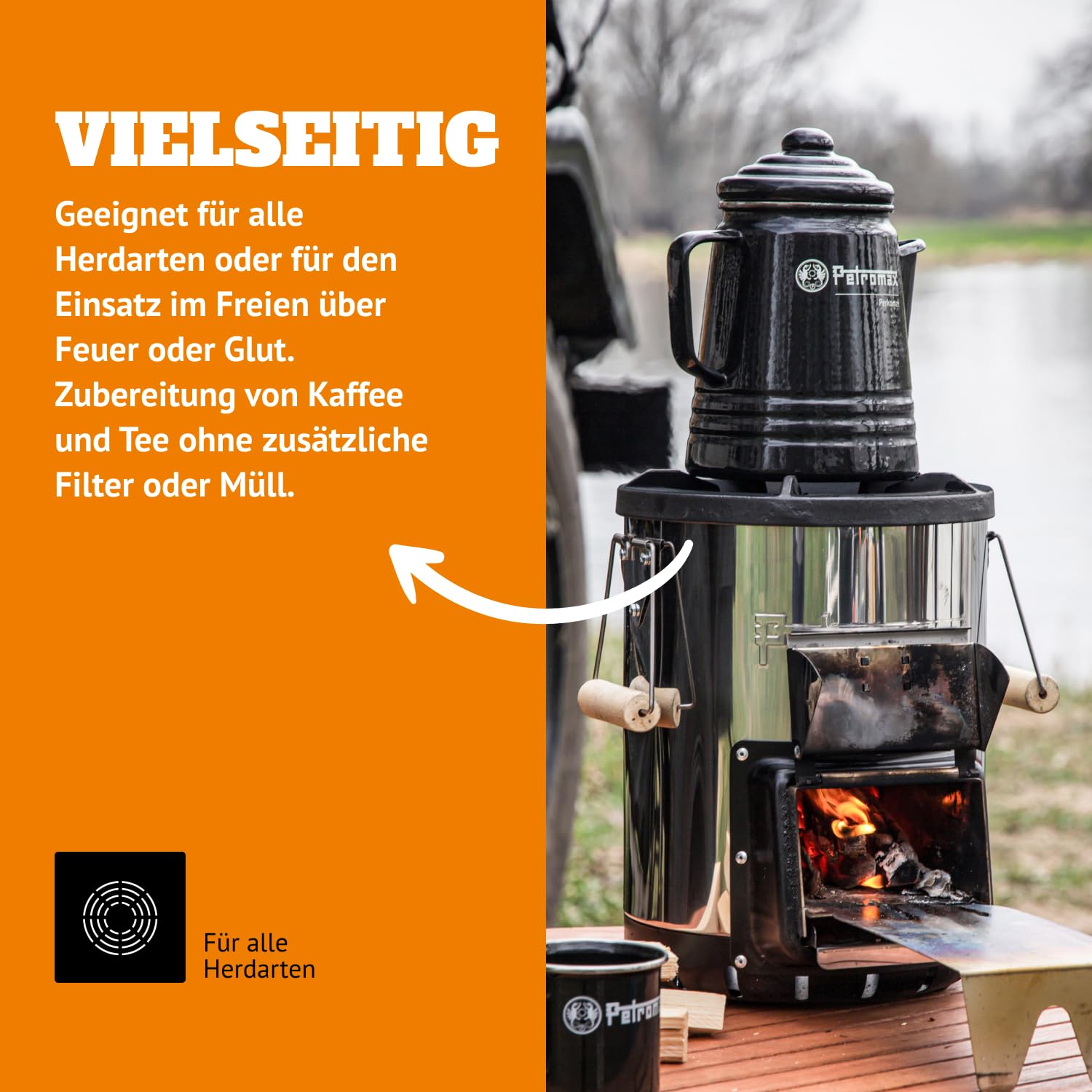 Petromax Perkomax Perkolator, Kaffee & Teekanne, emailliert, 9 Tassen, für Camping & Herd - 1,5 Liter schwarz