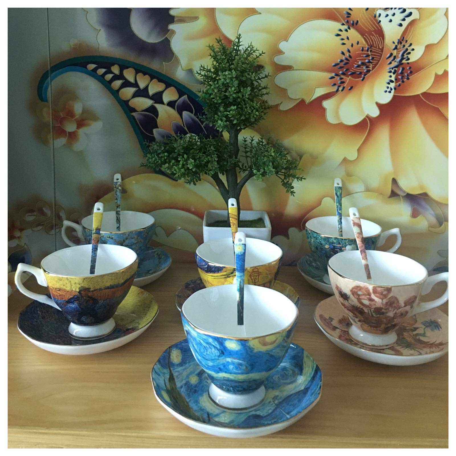 Juego de Tazas de Cafe,Taza de Té y Plato El Cielo Estrellado, café de la Noche, el sembrador, Girasoles, los Lirios, Tulipanes Que pintan Arte Albaricoque café Tazas de té(N 6 Set)