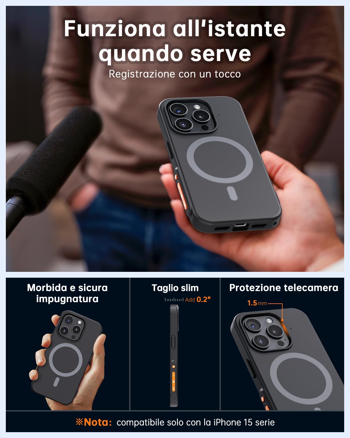 Registratore Vocale AI Custodia per Telefono, Memoria 32GB, Oltre 80+ Lingue, Trascrizione e Riassunto Automatico, Controllo App, per Riunioni/Interviste/Lezioni, Compatibile con iPhone 15promax