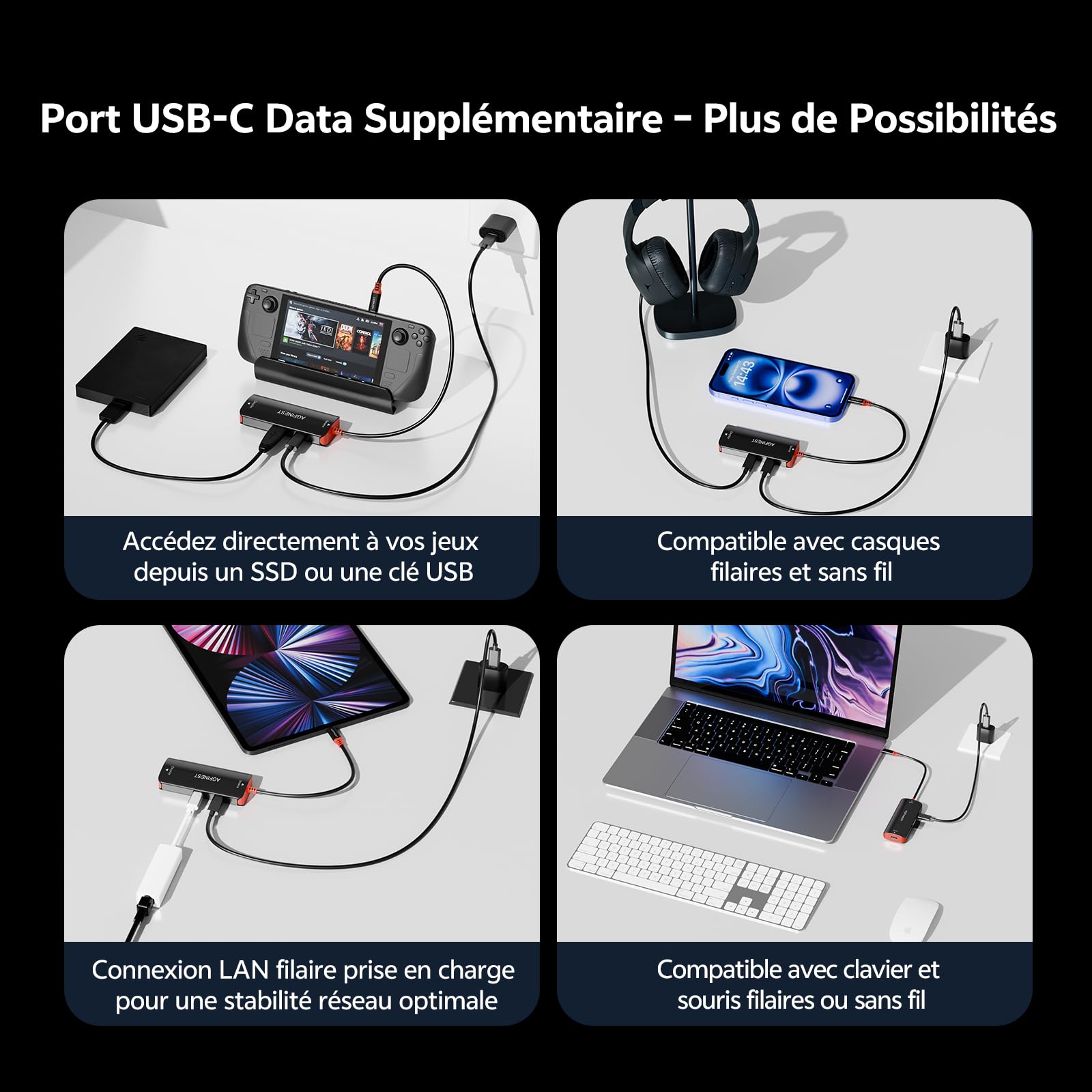 Adaptateur USB-C vers Lunettes AR pour Switch 2 – 4K@60Hz 2K@120Hz 100W PD Données 10Gbps, Compatible Switch 2/1 Steam Deck PC Portable vers Lunettes AR XREAL VITURE Rokid Rayneo