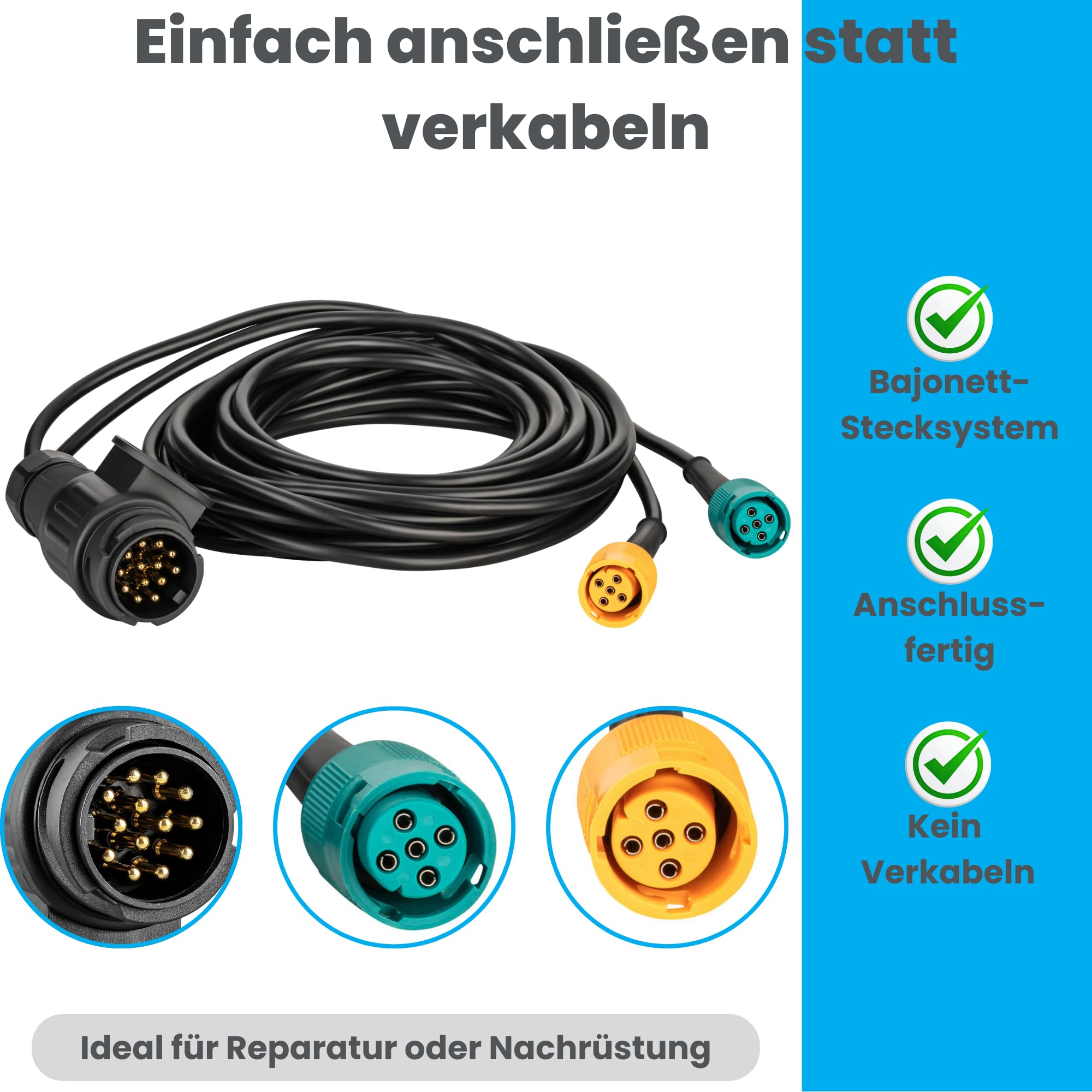 AUTOLIGHT 24 Kabelsatz für Anhänger 5 Meter 13-polig Anhängerbeleuchtung Rücklichter Kabelbaum mit Bajonettverbinder