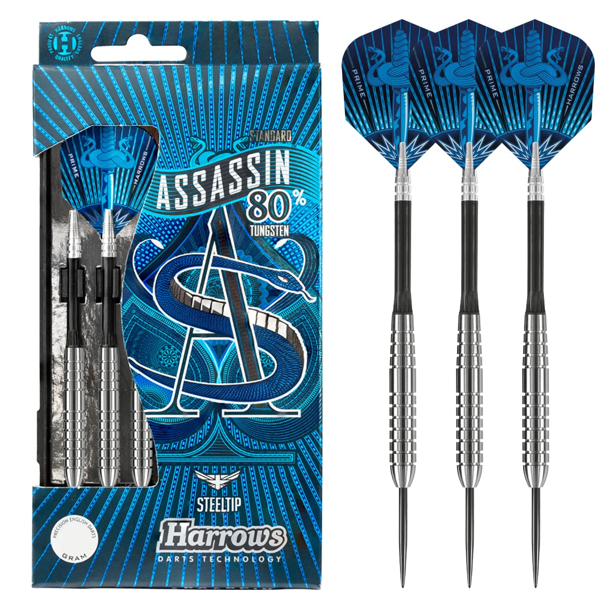 Harrows Assassin Tungsten Pro Darts | Steel Tip Darts Set mit Tragekoffer | 18-40g Alle Gewichte | Inklusive Alamo Shafts, 100 Micron Prime Flights und Reisekoffer (24GR)